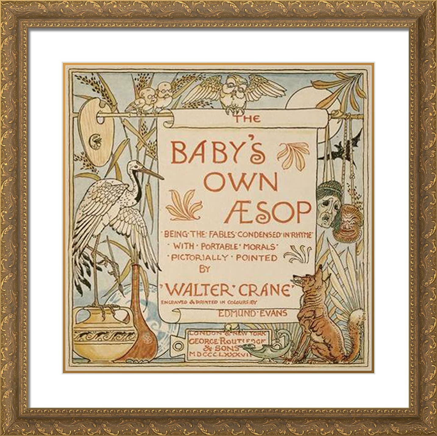 Walter Crane 20x20 Gold Ornate Framed Art Print - Baby's Own Aesop Title Page with Double Matting | Vintage Nursery Decor, Baby Shower Gift, Children's Room Wall Art