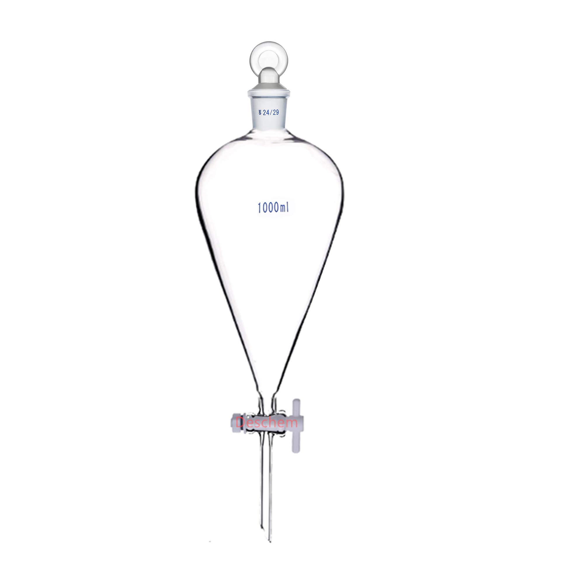 24/29 Glass Separatory Funnel with PTFE Stopcock & Straight Drop Tip - Pear Shape Lab Equipment for Liquid Extraction, Essential for Chemistry Labs & Essential Oil Distillation