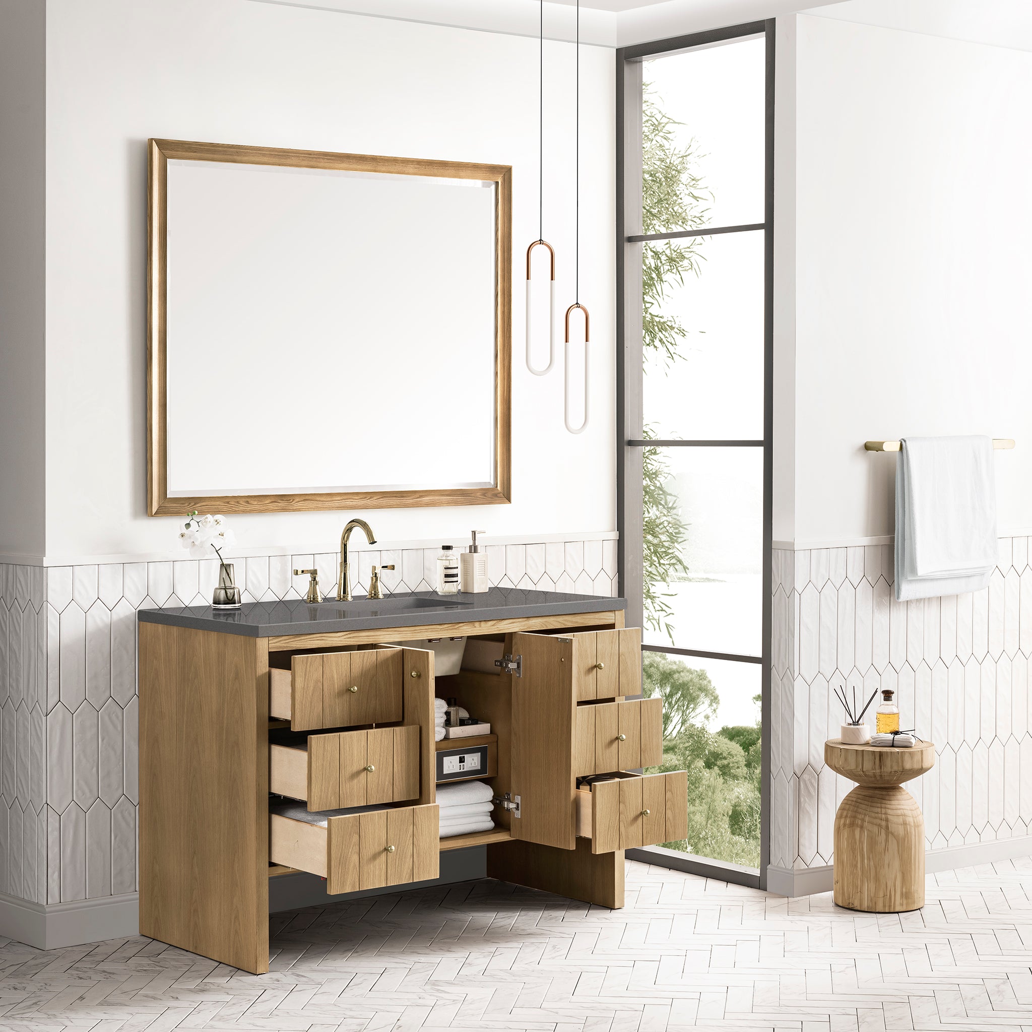 Hudson 48 Inch Single Bathroom Vanity in Light Natural Oak with 3CM Gray Expo Top - Perfect for Modern Home Bathroom Renovation and Space-Saving Design