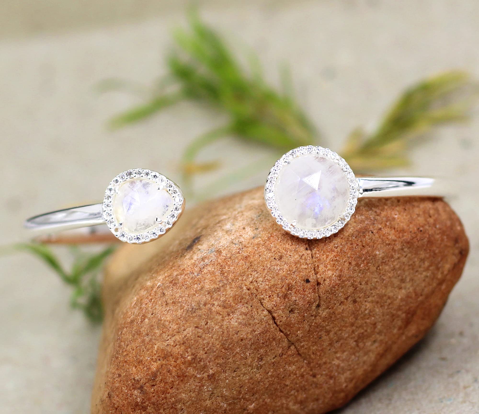 Rainbow Moonstone CZ Adjustable Handmade Cuff Bracelet - 925 Sterling Silver Boho Jewelry for Women - Perfect Gift for Girlfriend, Wife, Birthday & Anniversary - Ideal for Everyday Wear, Date Nights & Special Occasions