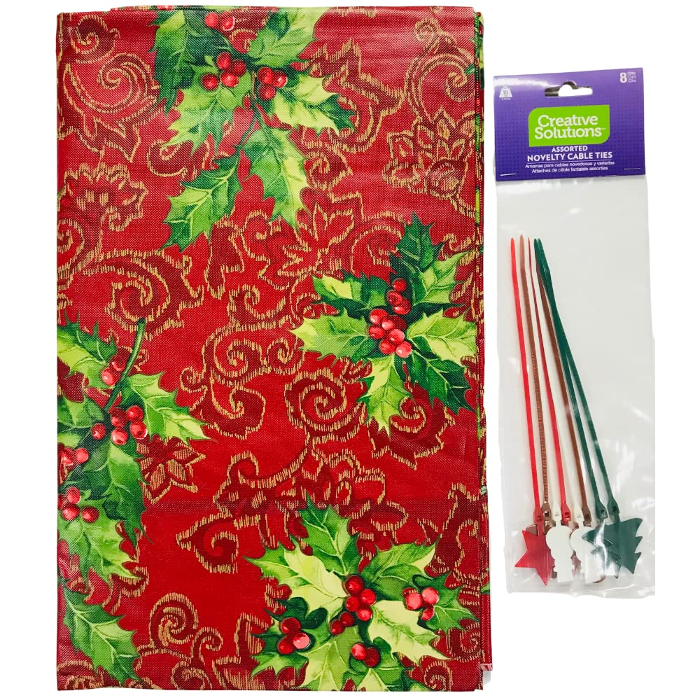 Serafina Home Holiday Christmas Vinyl Tablecloth - Traditional Holly Berries Design on Red Background (52