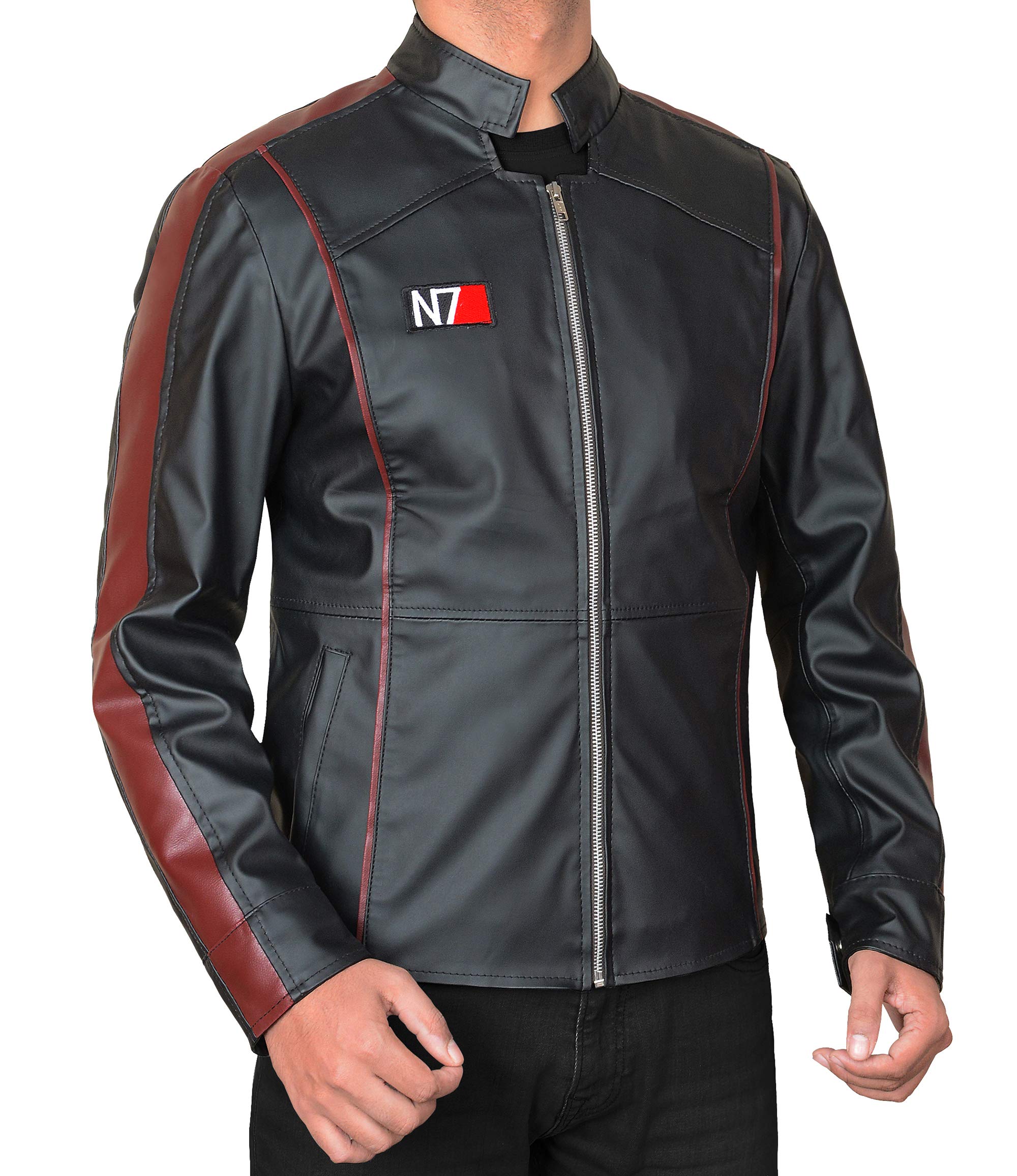 LP-FACON Men's N7 Jacket - Mass Effect 3 Commander Shepard Cosplay Costume, Black Biker Style Faux Leather Jacket with Fleece Lining | Perfect for Halloween, Comic Con & Gaming Events