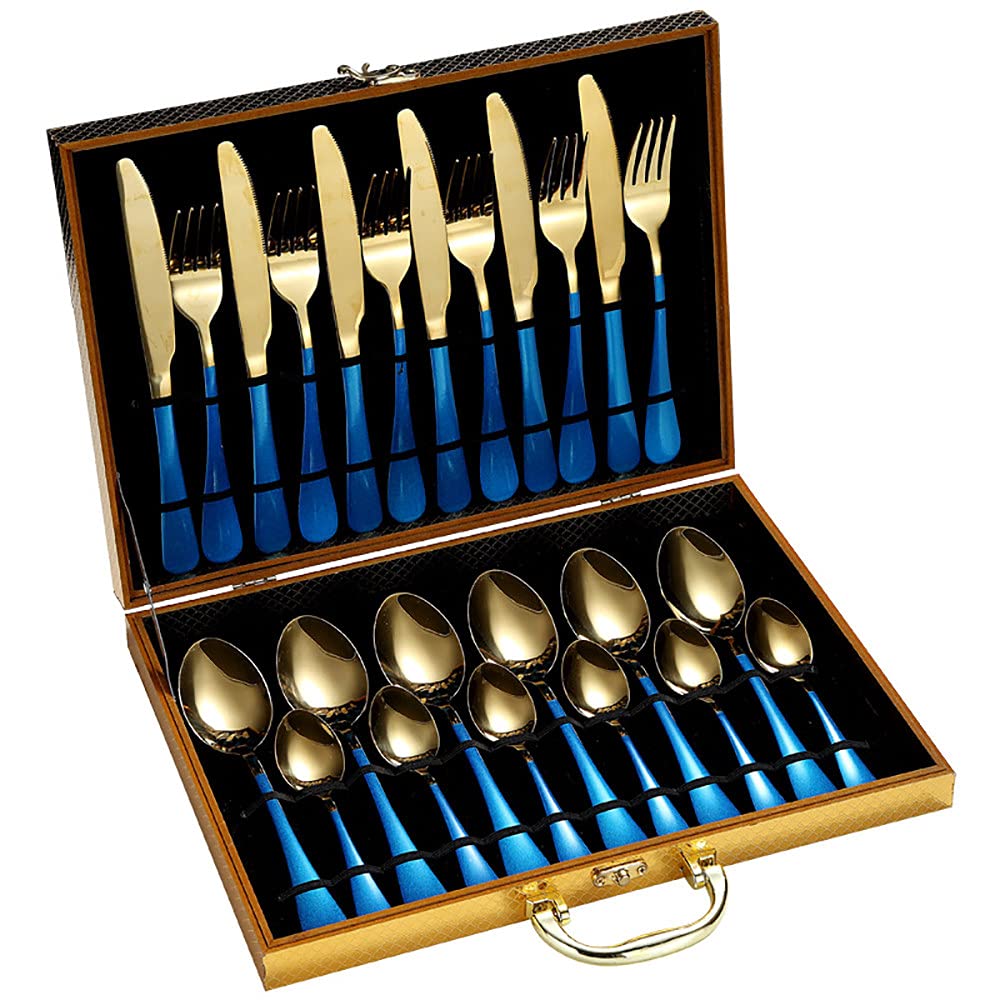 24-Piece Gold Luxury Dinnerware Set - Stainless Steel Knife Fork Spoon Cutlery Set with Gift Box, Dishwasher Safe Flatware for Parties, Weddings & Formal Dining (Blue)