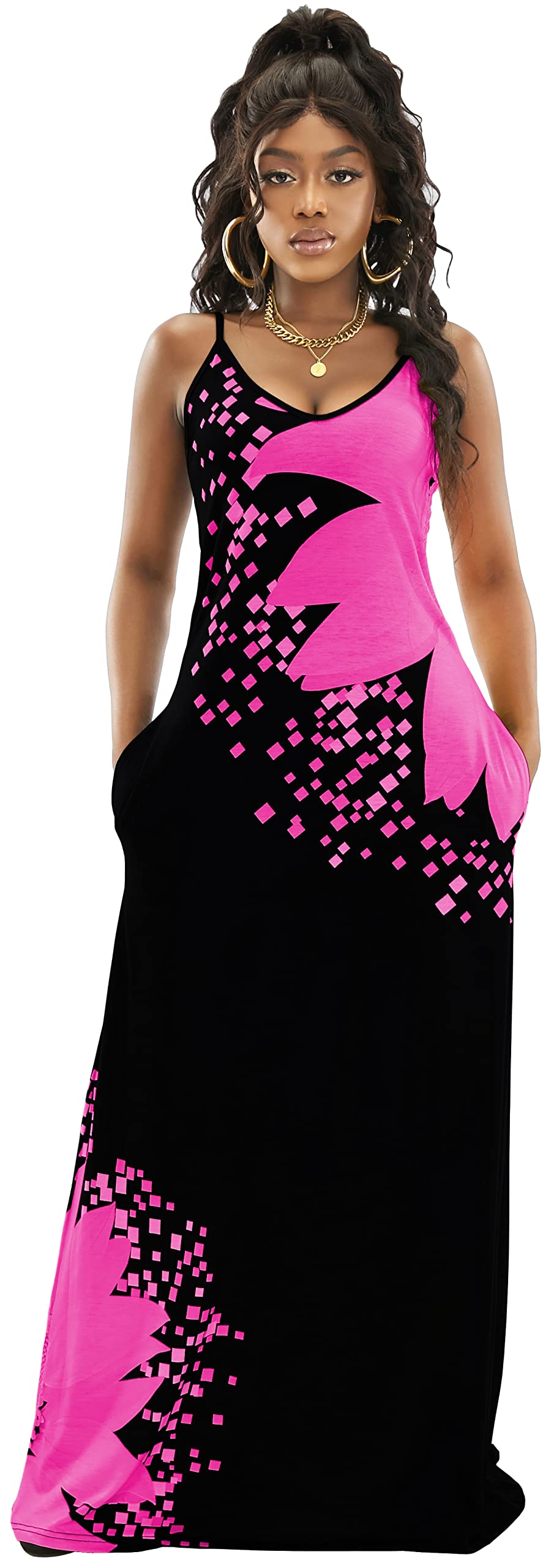 **Women's Maxi Sunflower Print Sleeveless Tie-Dye Dress - Casual Summer Sundress with Pockets | Beach, Vacation & Outdoor Wear**