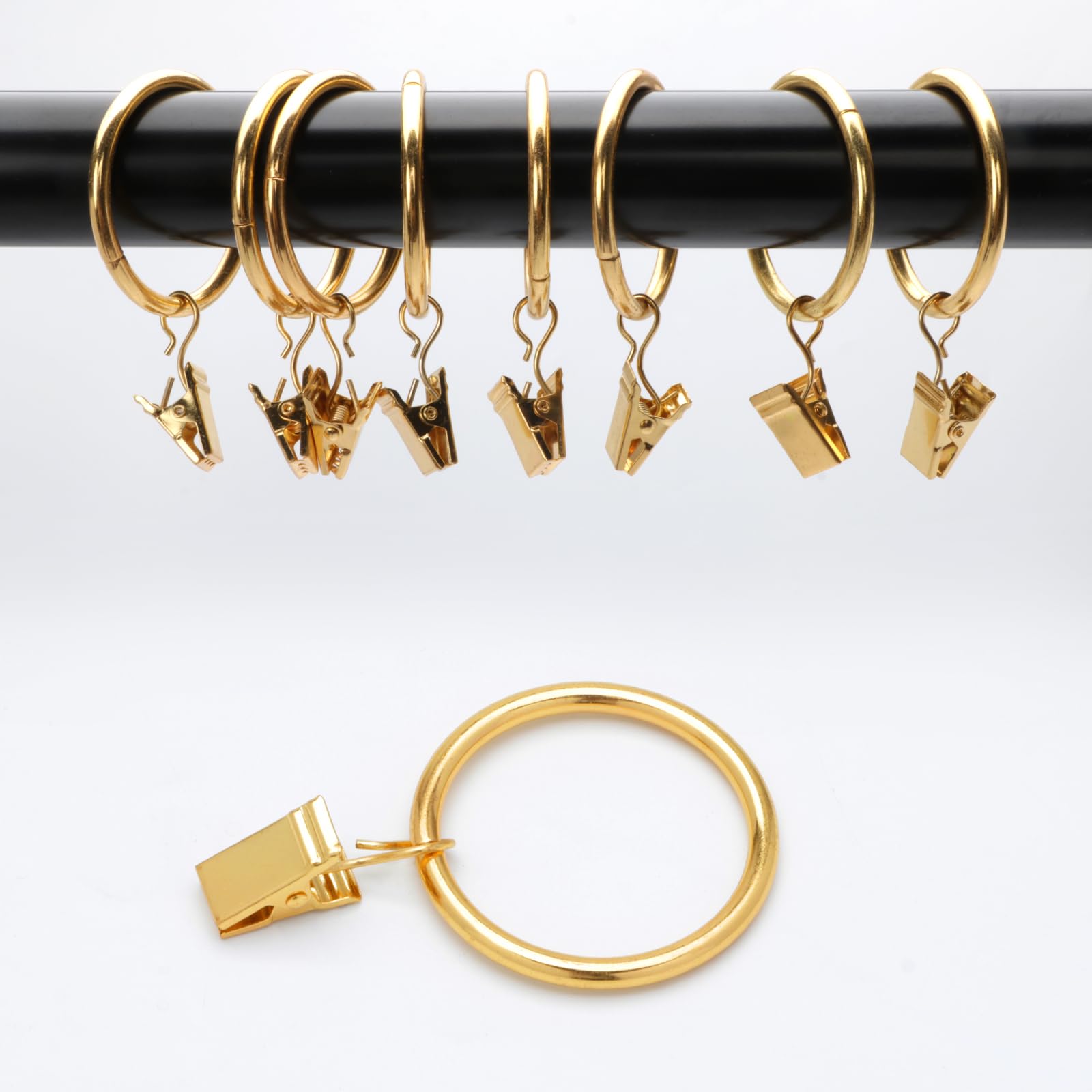 40 Pack Gold Metal Curtain Rings with Clips - 1.26 Inch Interior Diameter Drapery Hooks for Hanging Curtains & Drapes - Perfect for Living Room, Bedroom, and Home Decor