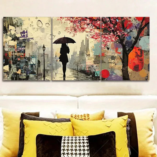 3-Piece Canvas Wall Art Set - 'A Woman Walks With An Umbrella' - 60x90cm Framed Prints - High Quality Australian-Made Ready-to-Hang Home Decor - Perfect for Living Room, Bedroom & Office Wall Decor