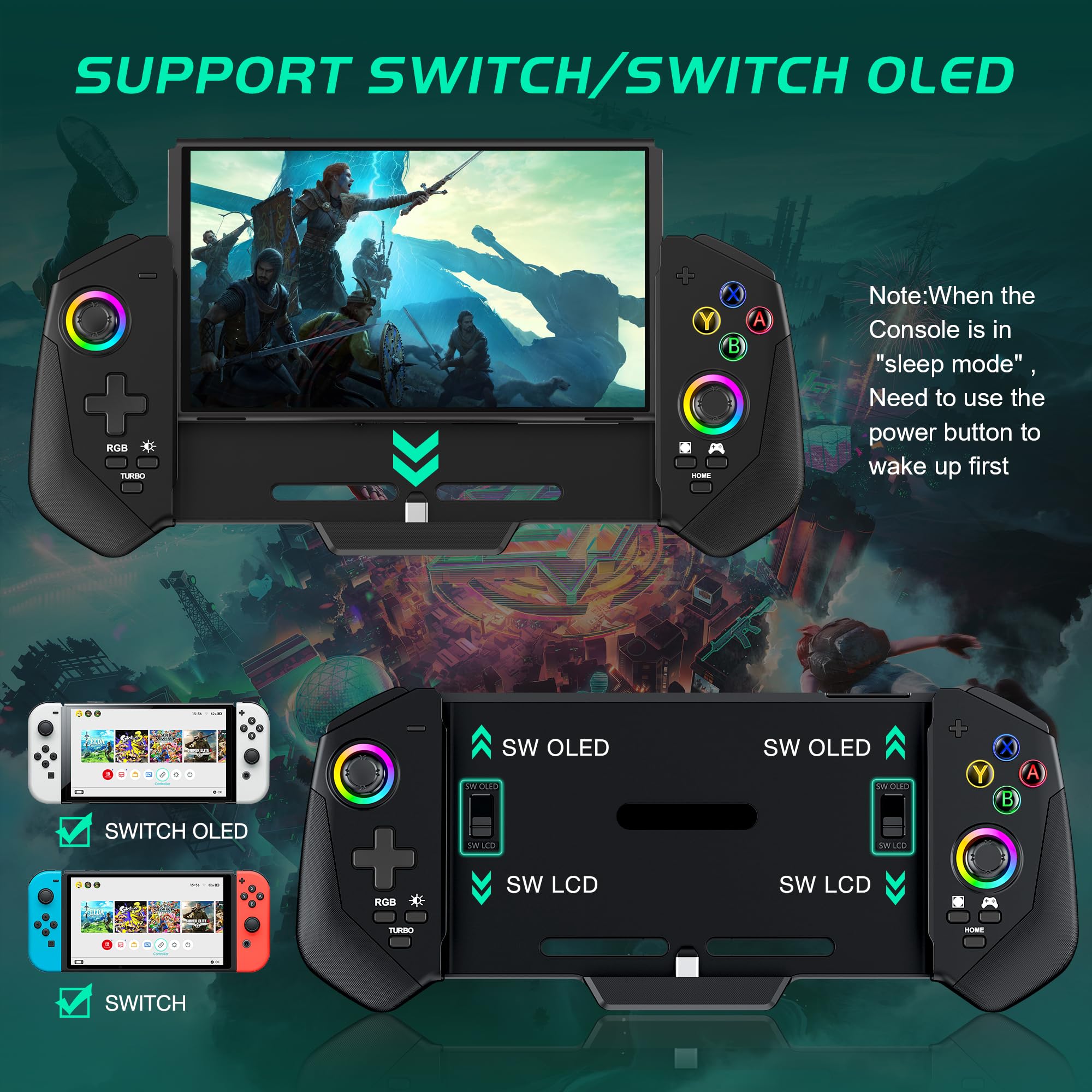 Wireless Switch Controller for Nintendo Switch & OLED - Ergonomic One-Piece Joypad with RGB Lighting, Turbo Function, 4 Game Card Slots & Dual Vibration Motors - Perfect for Gaming, Travel & Family Entertainment