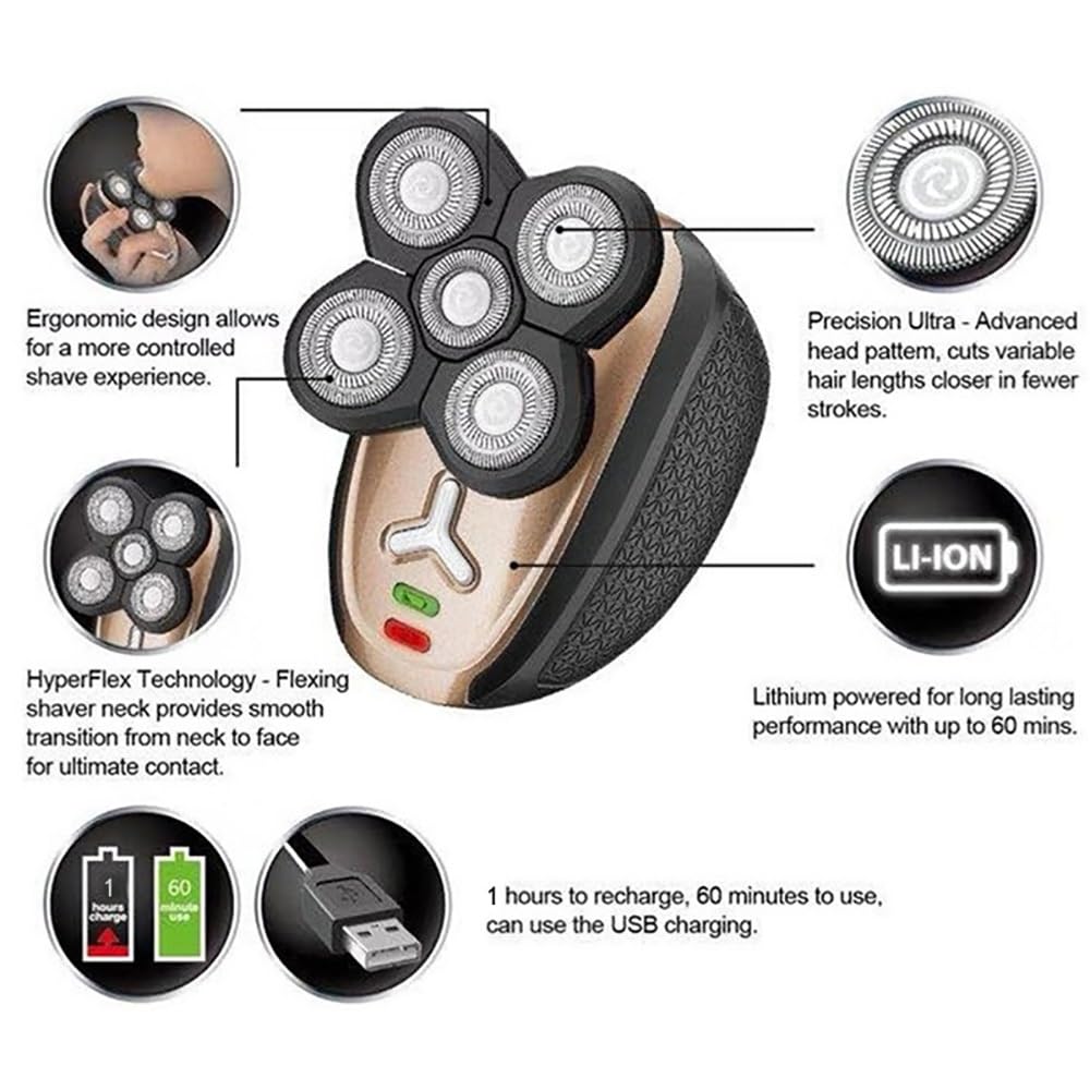 5-in-1 Electric Head Shaver for Men - Rechargeable Wet/Dry Beard Trimmer & Facial Razor | Perfect for Bald Head Shaving, Travel & Daily Grooming