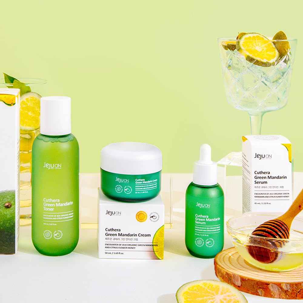 Cuthera Green Mandarin 3-Piece Korean Skincare Set - Essence Toner, Serum & Cream with Citrus Scent | Jeju Natural Vitamin-Rich Hydration, Pore Tightening & Skin Calming | Oil-Water Balance Care for Dry, Sensitive & Combination Skin | Daily Skincare Routine & Nighttime Moisturizing