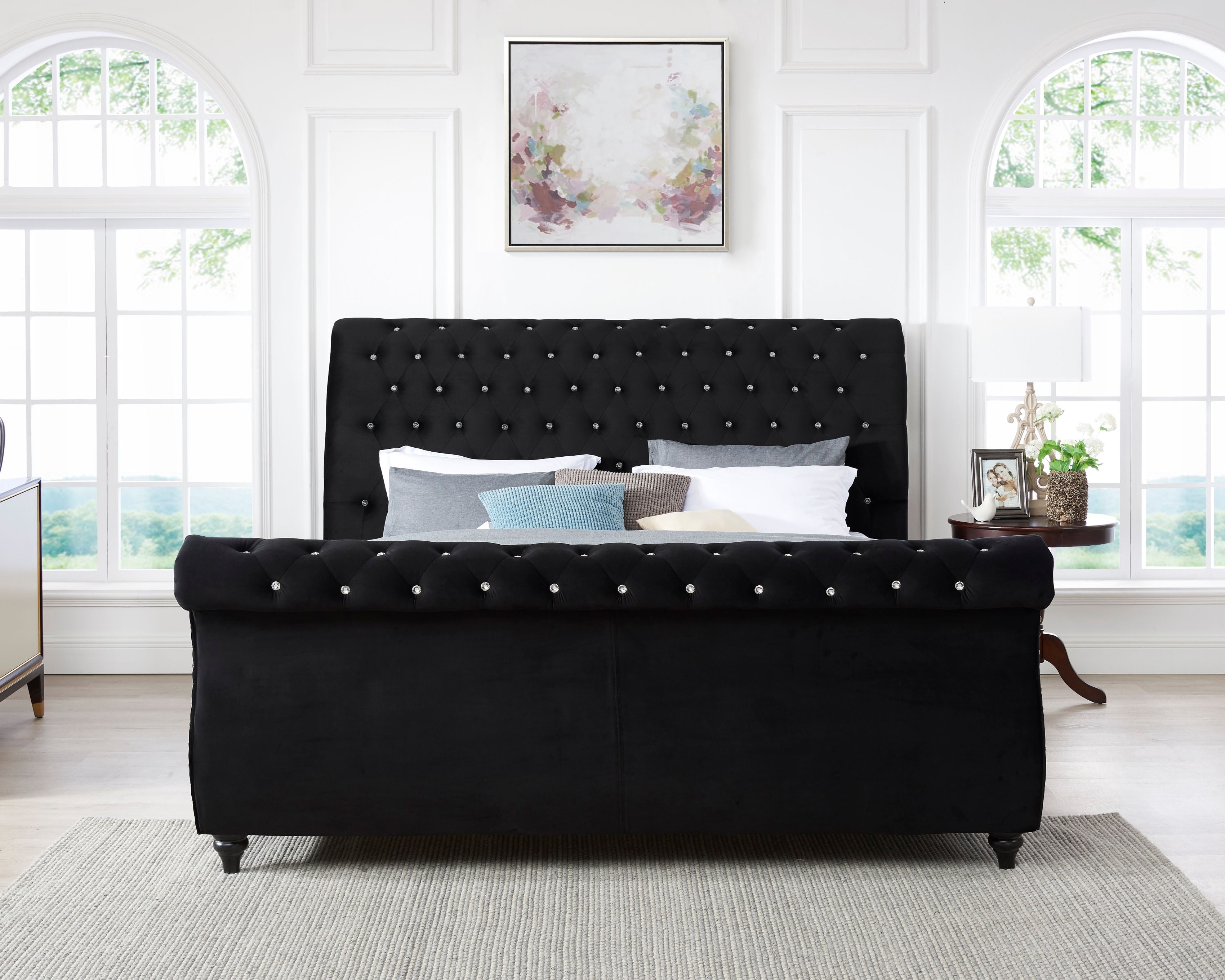 Roundhill Furniture Evora Velvet Upholstered Crystal Button Tufted Sleigh Bed - Queen Size Black Luxury Bed Frame for Master Bedroom | Elegant Tufted Headboard & Sturdy Wooden Base