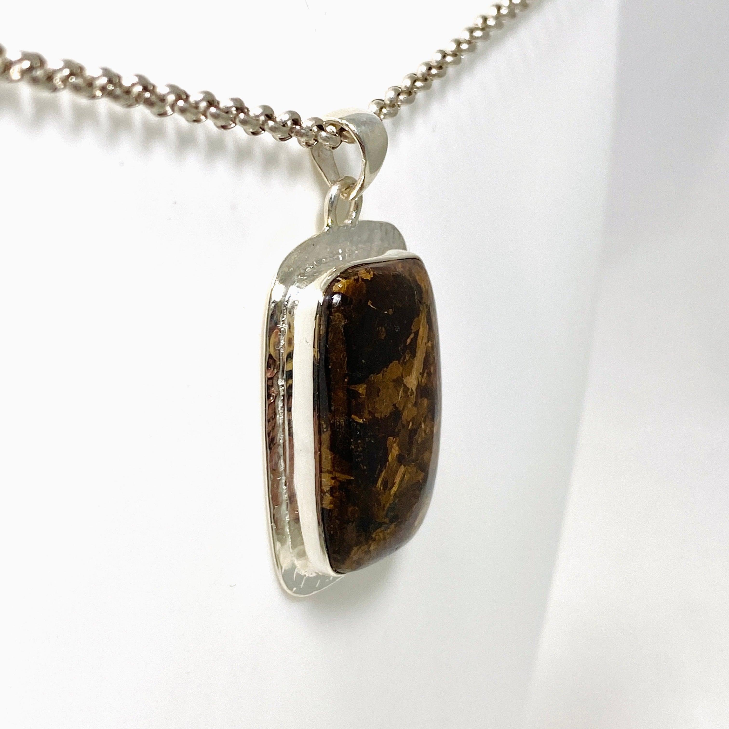 Bronzite Rectangular Pendant in Hammered Sterling Silver Setting KPGJ4438 - Perfect for Meditation, Energy Healing & Spiritual Jewelry Collection