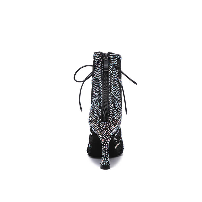 Elegant Black Lace-Up Crystal High Heel Dance Boots for Women - Perfect for Ballroom, Latin, Salsa Dancing & Evening Parties