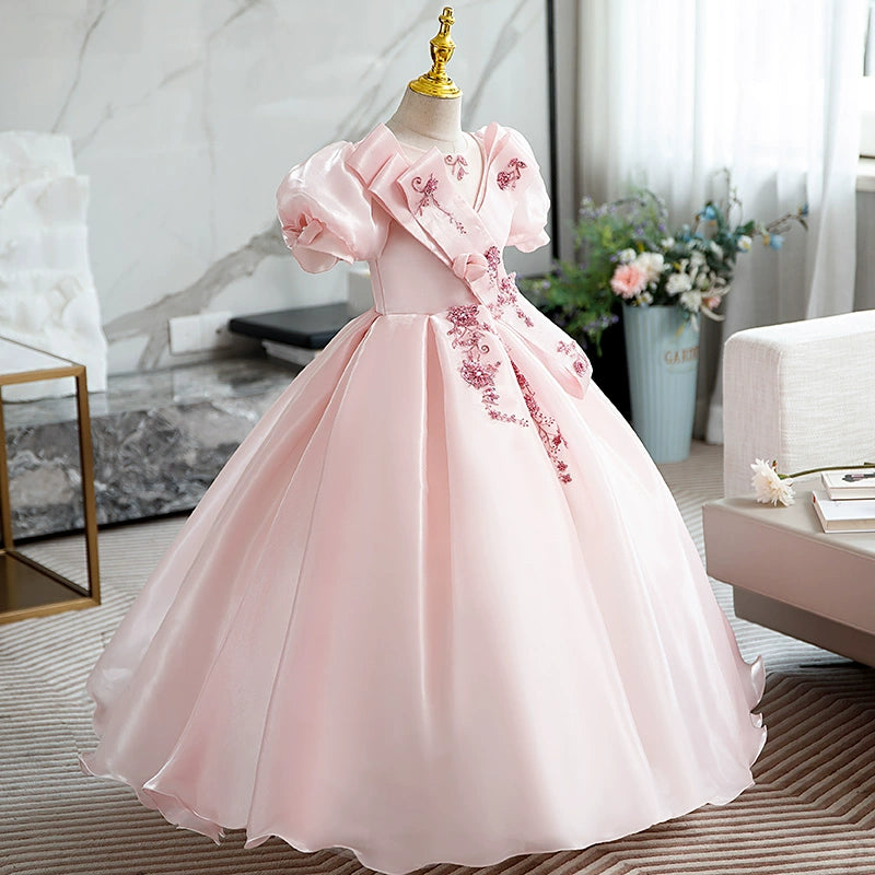 Pink Princess Round Floor Length Organza Flower Girl Dress for Weddings, Pageants & Special Occasions