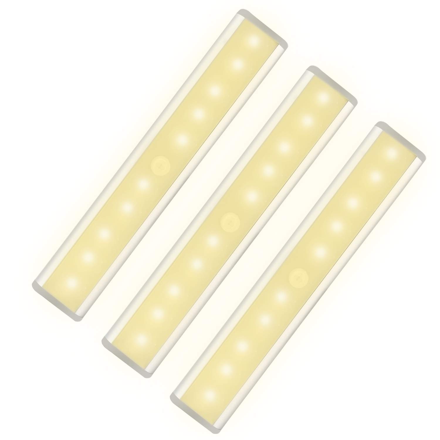 LEPOTEC 10 LED Warm White Under Cabinet Lighting with Motion Sensor - Battery Powered Rechargeable Wireless Closet Light (3 Pack) - Perfect for Kitchen, Pantry, Wardrobe and Nighttime Safety Lighting