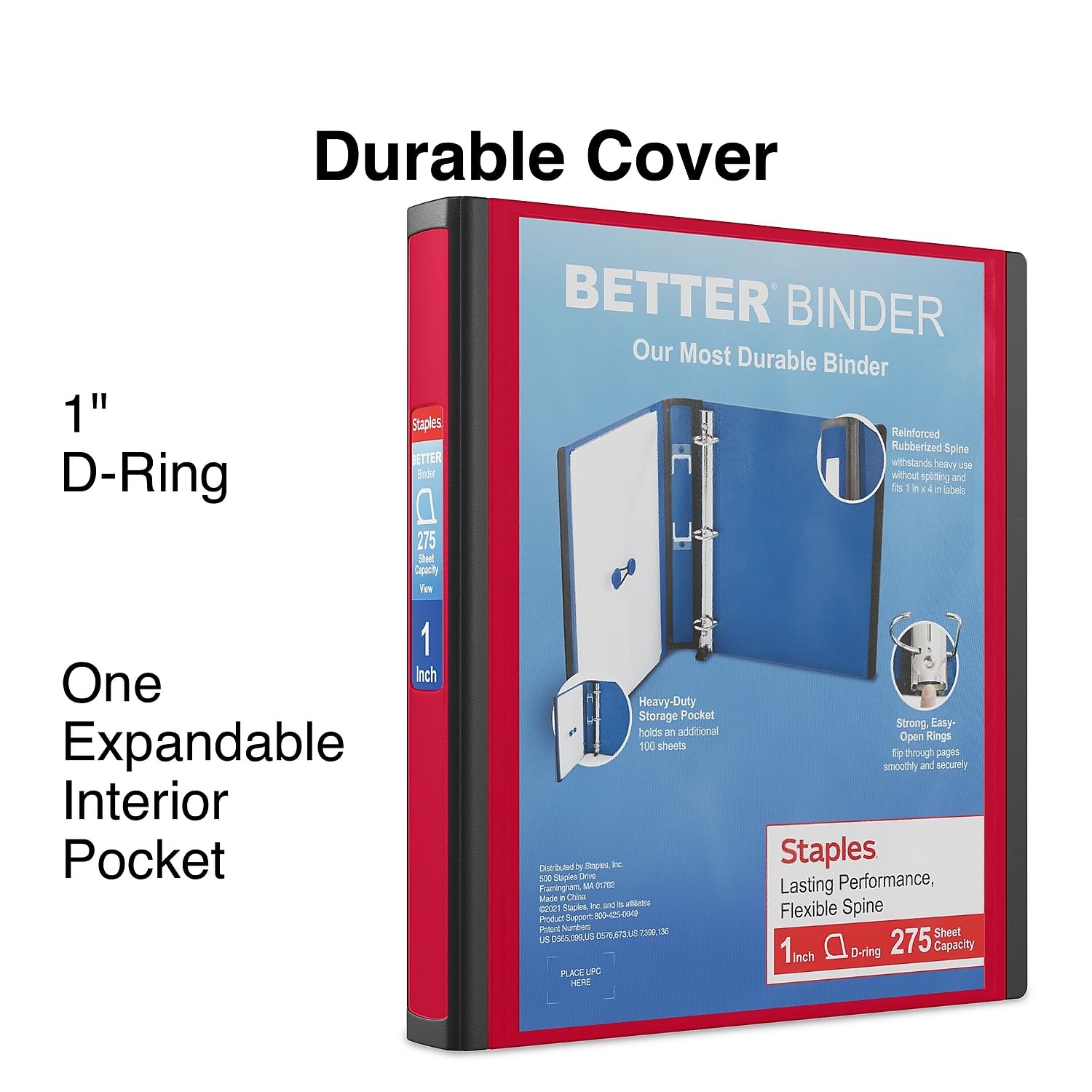 STAPLES 18370 3-Ring Binders 1 Inch - Red, Durable School & Office Supplies for Organizing Documents, Presentations & Reports - Perfect for Students, Teachers & Professionals