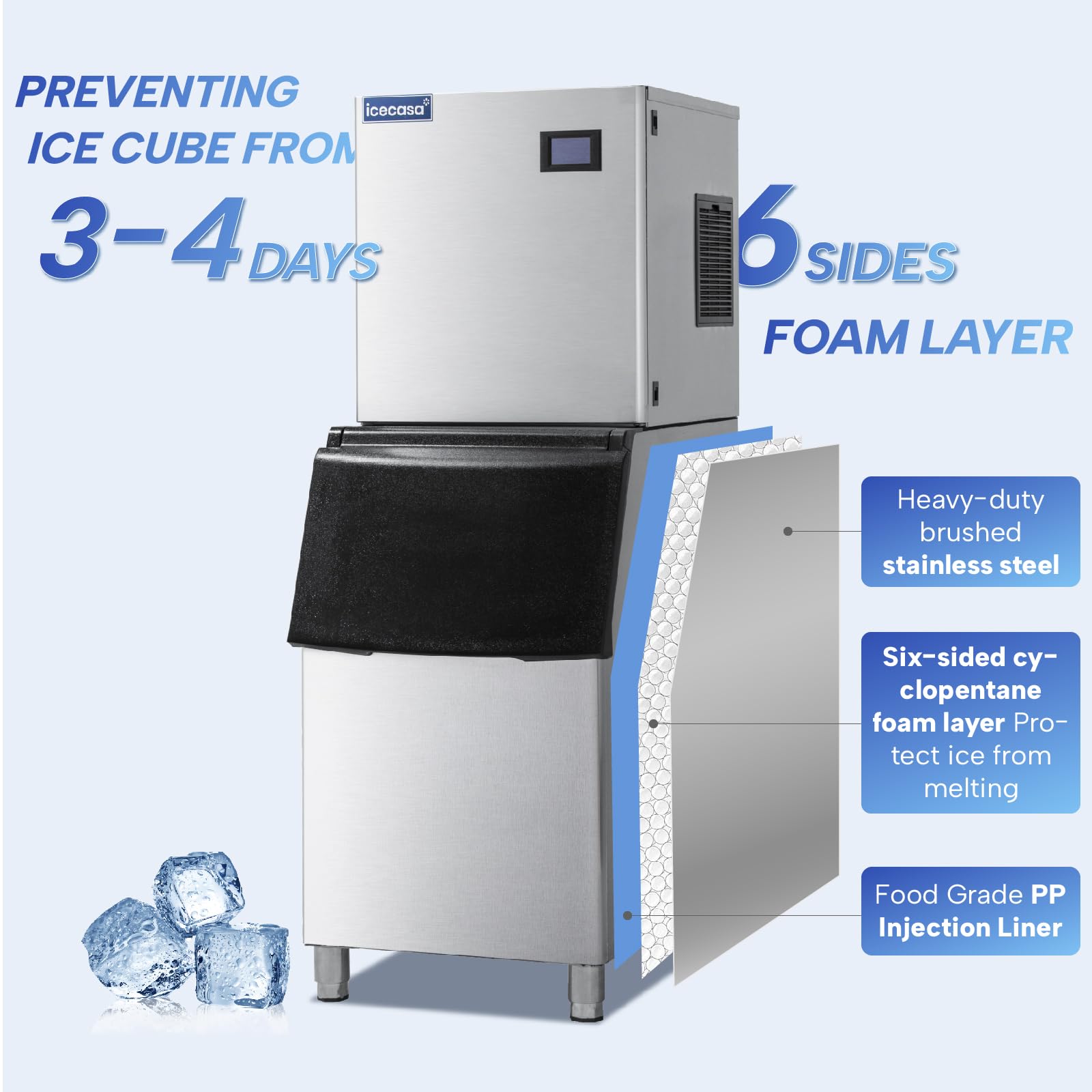 Commercial Ice Maker Machine - Stainless Steel 350 lbs/24H Ice Production with 220 lbs Storage Capacity - Perfect for Hotels, Bars, Restaurants, Cafes, and Large Events