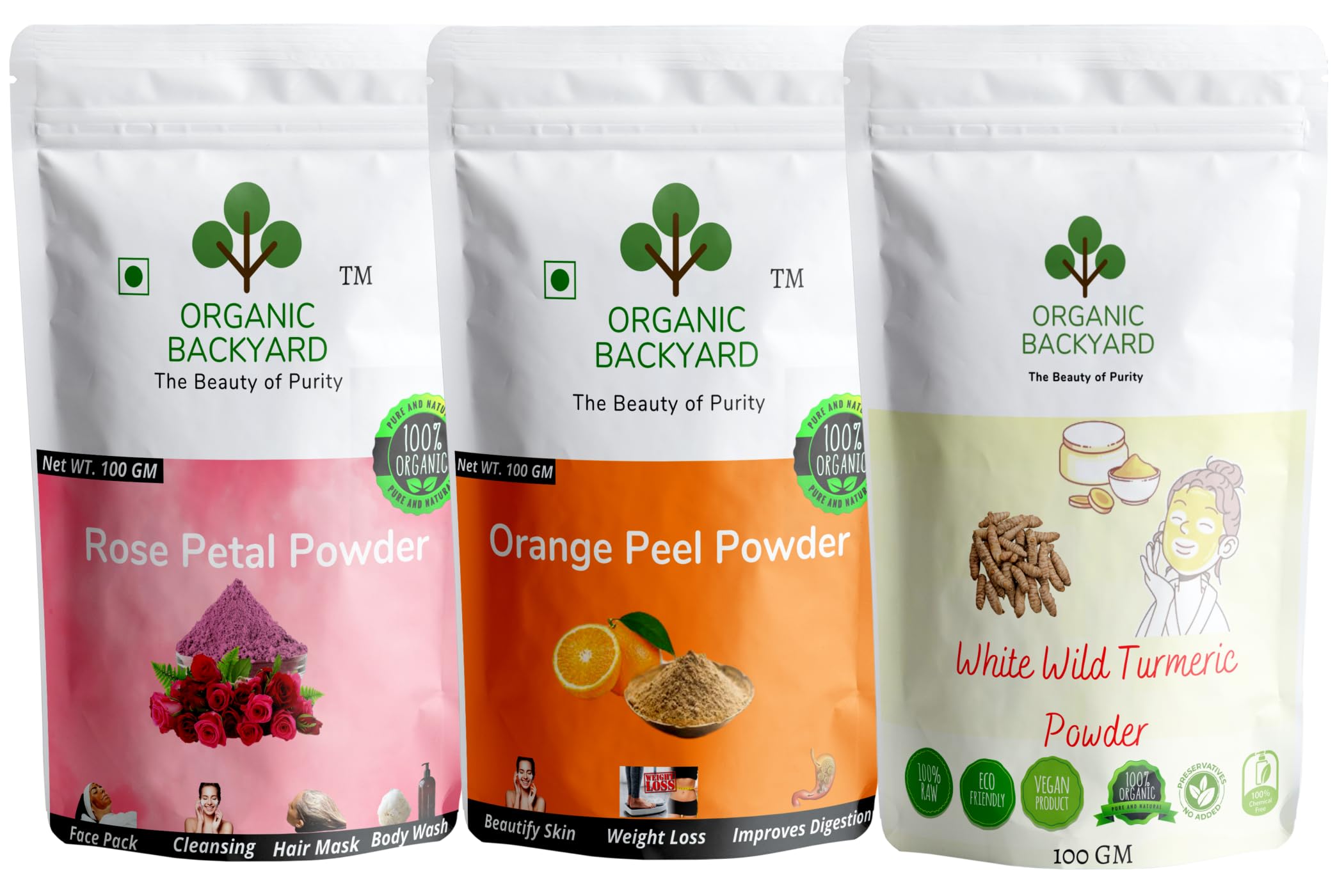 Organic Rose Petal, Orange Peel & White Wild Turmeric Powder for Face Care – 100g Each (300g Total) – Natural Skincare for Glowing Skin, DIY Face Masks & Aromatherapy