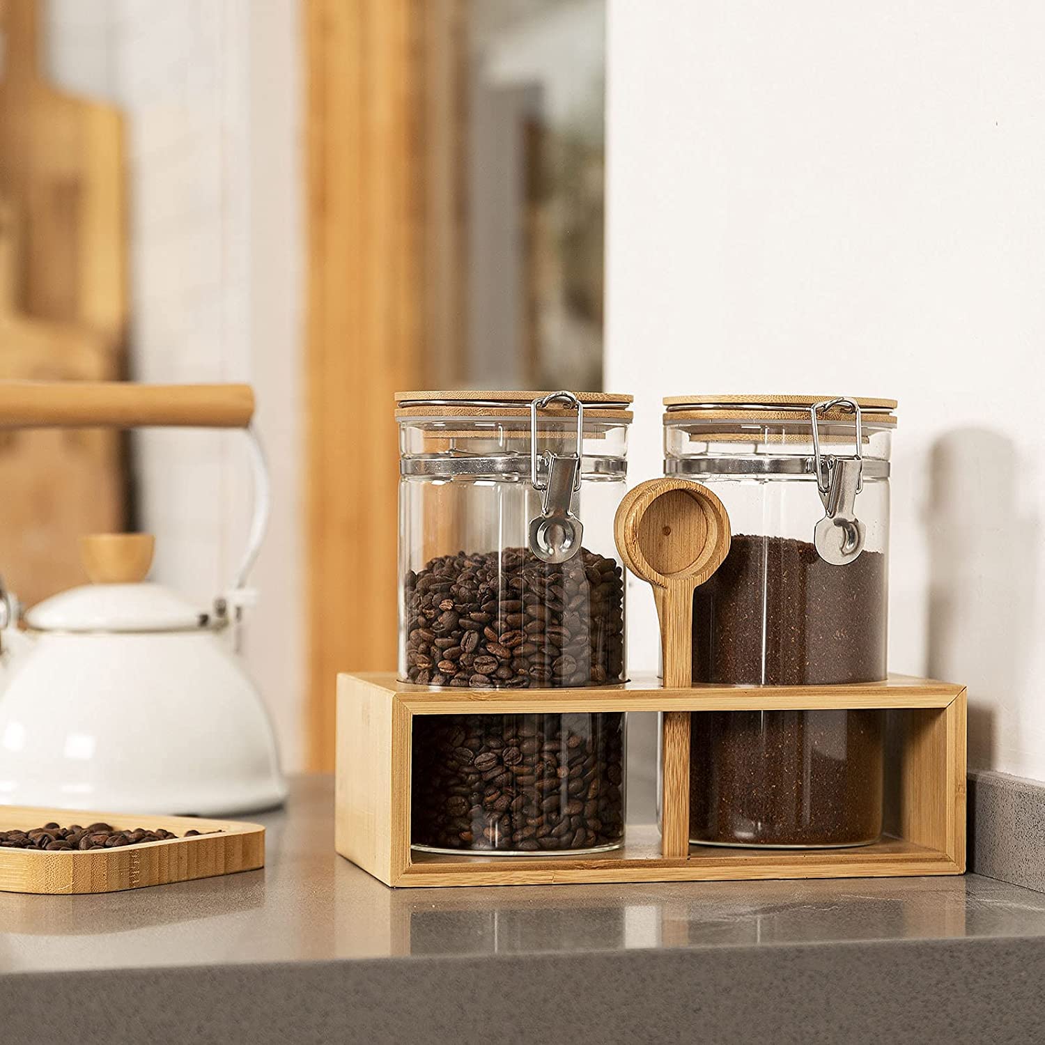 Yangbaga 45OZ Glass Coffee Canister Set of 2 - Airtight Ground Coffee Storage Containers with Scoop for Kitchen, Coffee Bar & Pantry Organization - Perfect for Coffee Station Decor & Food Storage