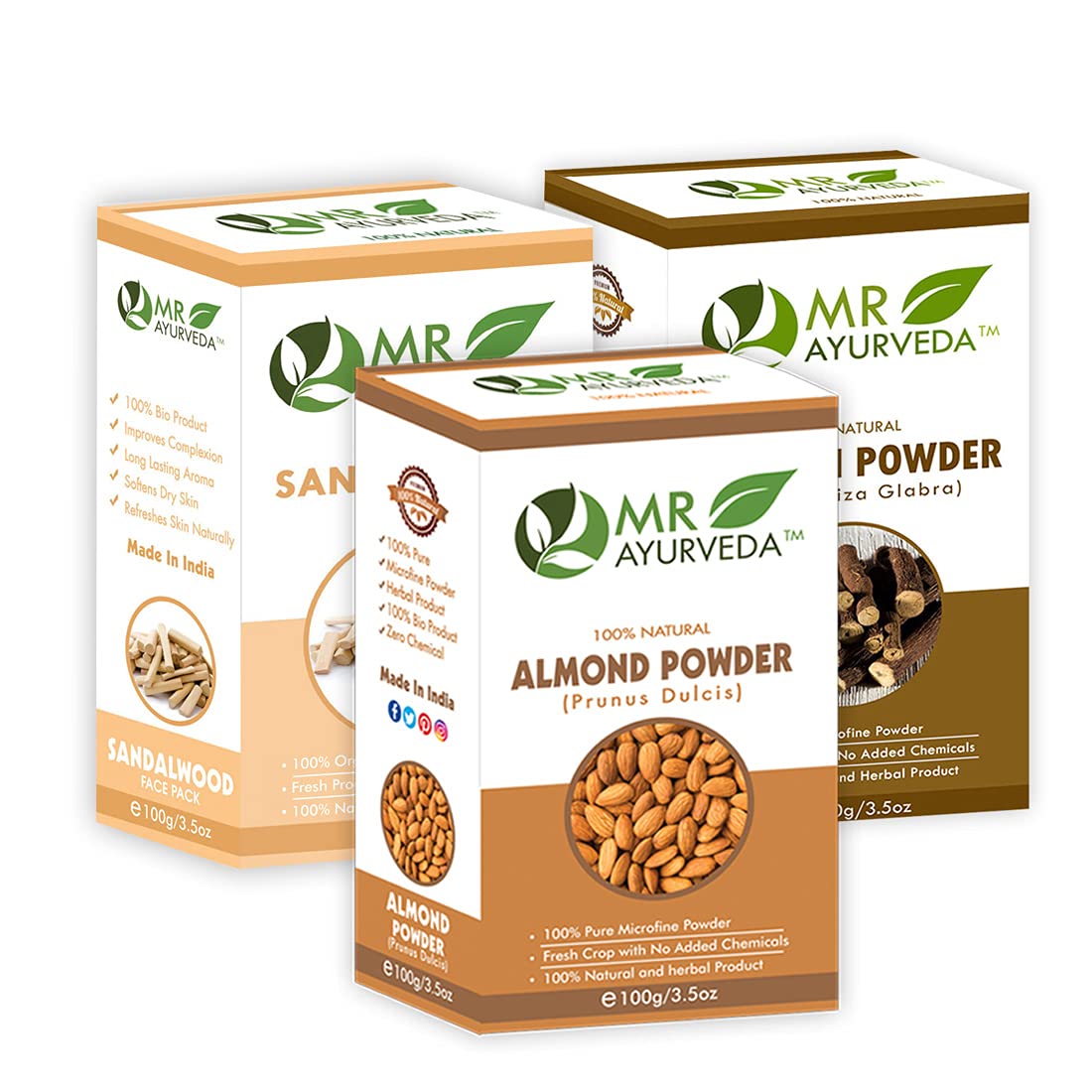 MR Ayurveda Almond Powder, Sandalwood Face Pack & Licorice Root Powder - 3-in-1 Organic Skincare Set (100g Each) for Glowing Skin, Acne Treatment & Natural Beauty Routine