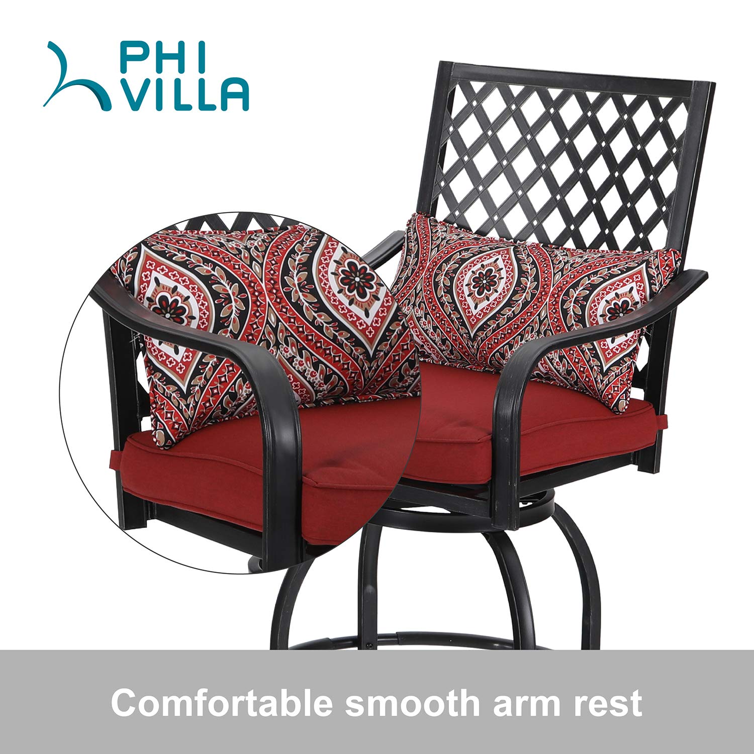 PHI VILLA 2-Piece Swivel Bar Stool Set - Outdoor Bar Height Bistro Chairs with Armrests & Cushions - All-Weather Metal Patio Furniture for Garden, Backyard, Lawn - Perfect for Poolside, Deck, or Outdoor Dining Areas - Red