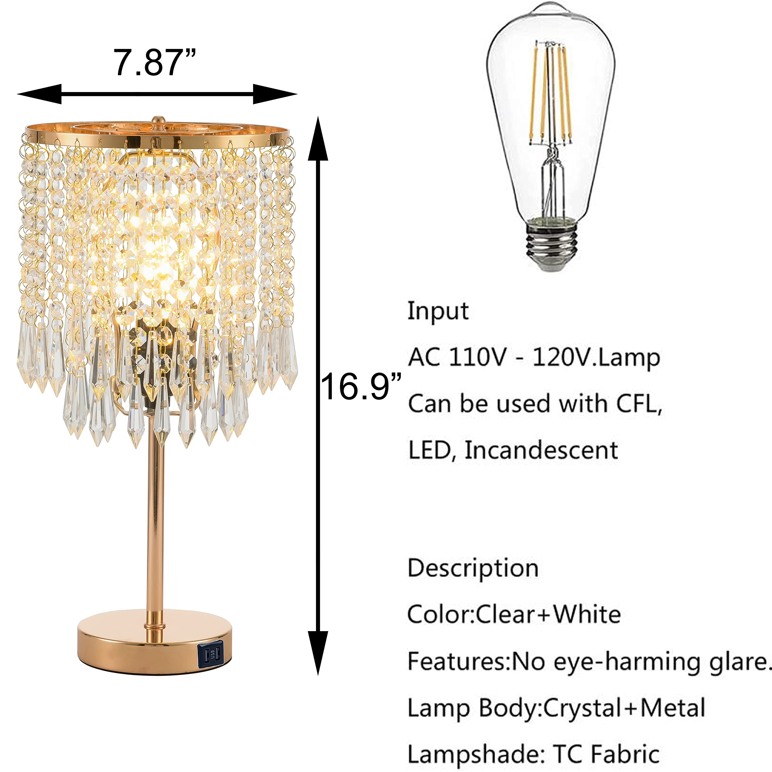 2 Pack Crystal Table Lamps with USB Charging Ports - Gold Nightstand Lamps with 3-Way Touch Dimmer & Elegant Shade for Bedroom, Living Room - Perfect for Reading, Decor & Charging Devices