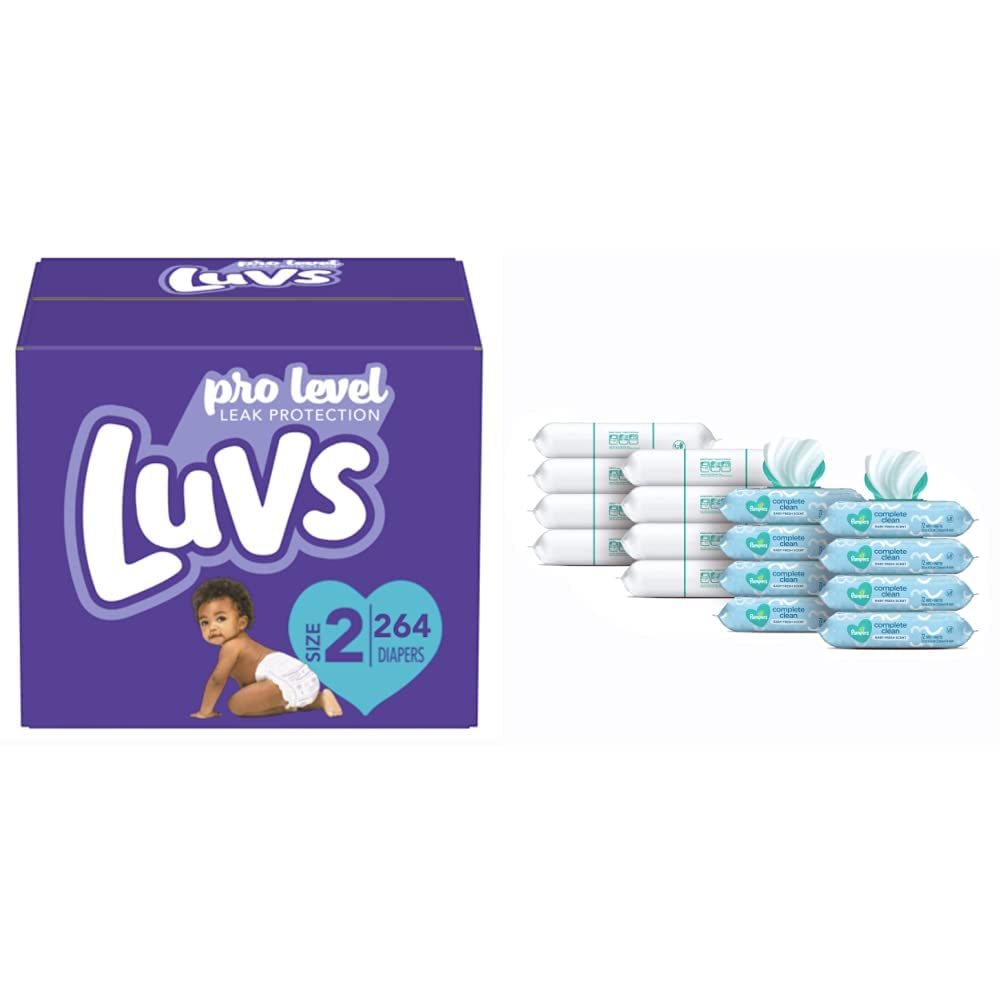 Luvs Pro Level Leak Protection Diapers Size 2 (264 Count) & Pampers Complete Clean Scented Baby Wipes - 1152 Wipes Total, 8 Pop-Top Packs + 8 Refill Packs | Premium Diaper Bundle for Newborns & Toddlers | Perfect for Daycare, Travel & Overnight Protection
