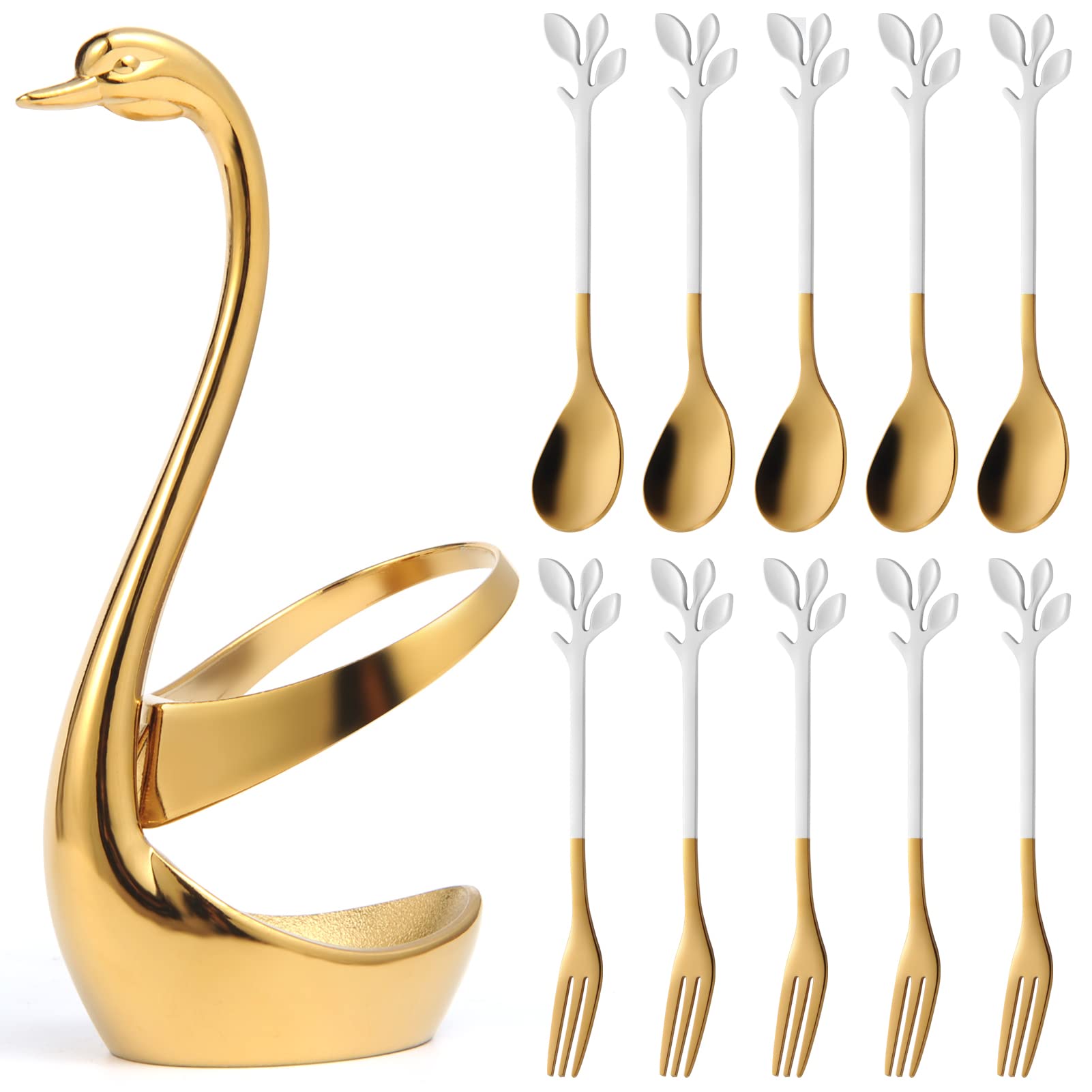 AnSaw 24K Gold-Plated Swan Base Cutlery Set - 5 Coffee Spoons & 5 Fruit Forks with 4.7