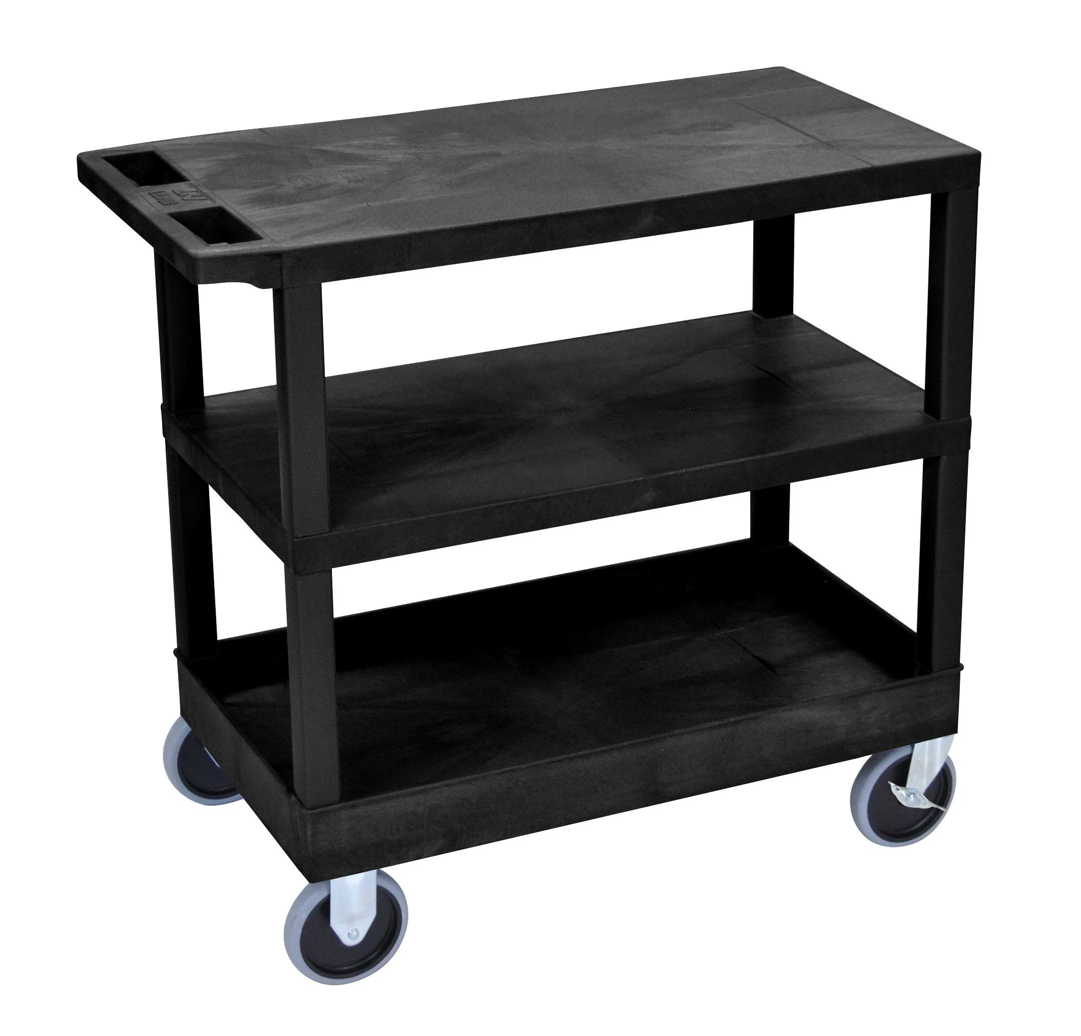 Luxor Black EC221HD B 18x32 Utility Cart with 2 Flat Shelves and 1 Tub Shelf - Perfect for Office, Kitchen, or Workshop Organization