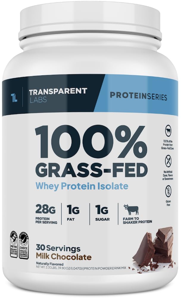 Transparent Labs Grass-Fed Whey Protein Isolate Powder - 28g Protein per Serving, 9 Essential Amino Acids, Gluten Free, Naturally Flavored Milk Chocolate (30 Servings) - Ideal for Post-Workout Recovery, Muscle Building & Healthy Lifestyle