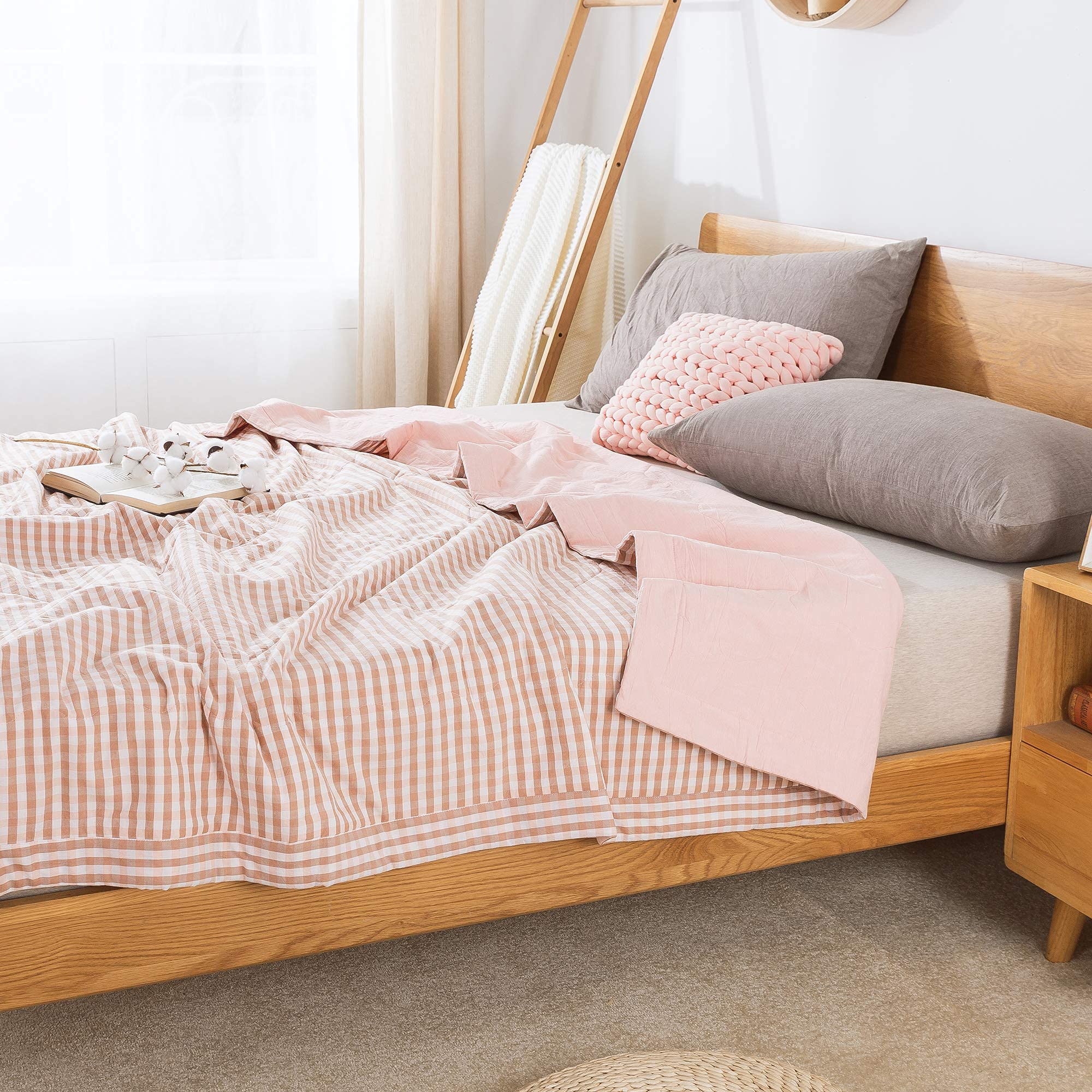 Brandream Lightweight Reversible Comforter - Pink Plaid Full Size Summer Quilt | Soft, Fade-Resistant & Breathable | Perfect for Bedroom, Guest Room & Dorm Decor