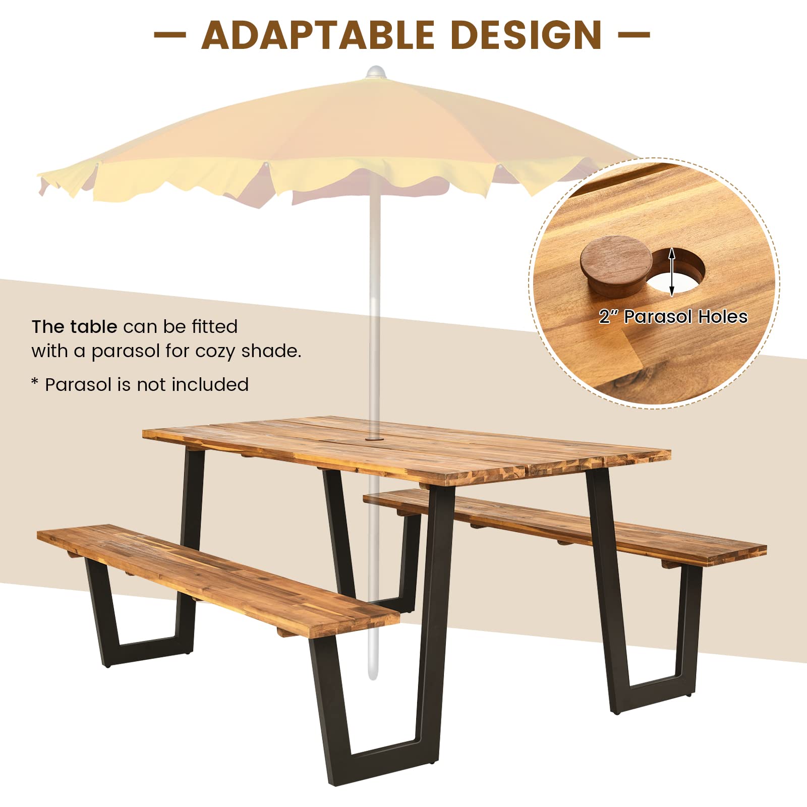 Tangkula 6-Person Acacia Wood Picnic Table Set with 2 Benches & Umbrella Hole - Weather-Resistant Outdoor Dining Table for Backyard, Garden, Patio, BBQ, Picnics & Parties - Steel Frame & Wood-Like Texture Tabletop