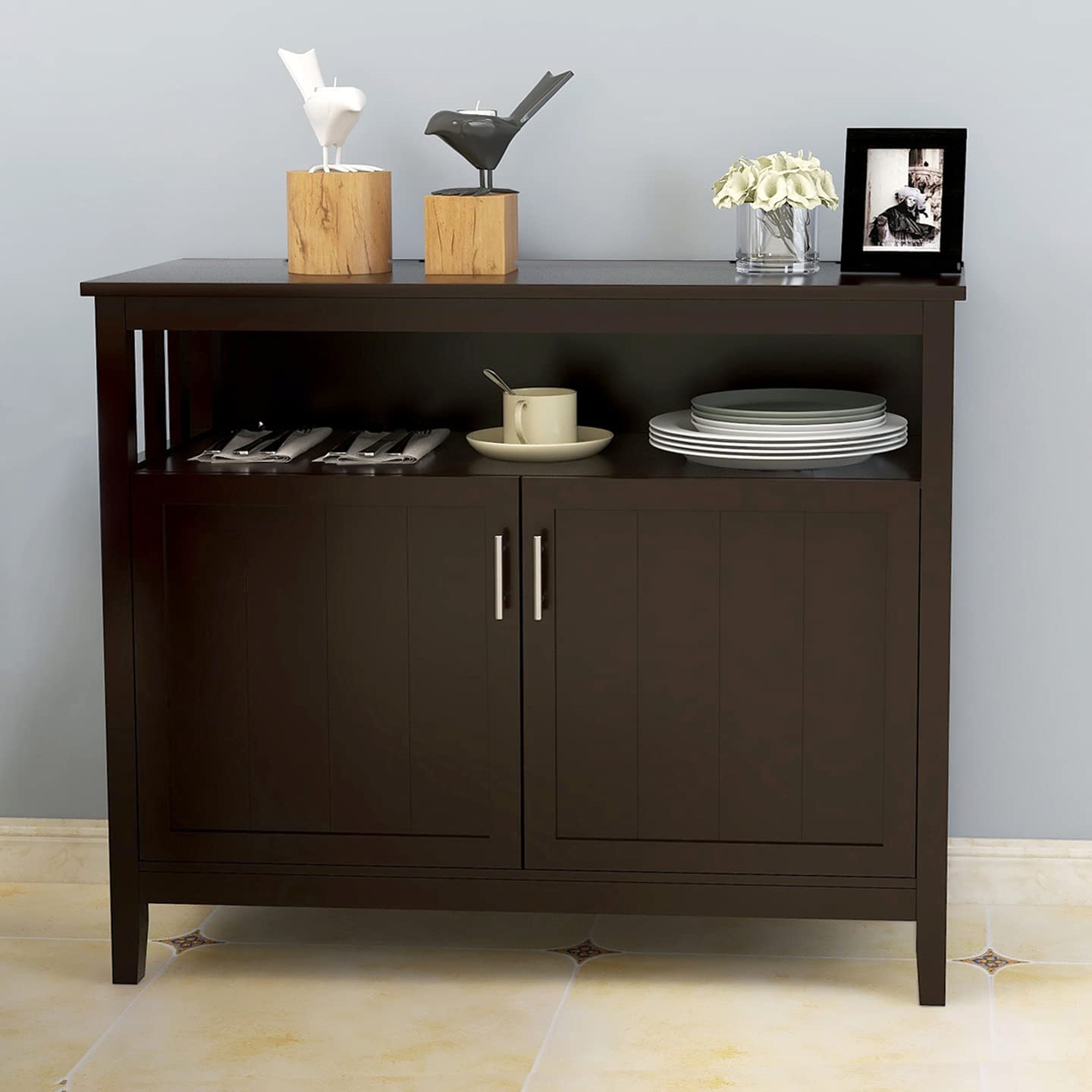 Goujxcy 40in Brown Kitchen Storage Sideboard with 2 Doors, Adjustable Shelf, Free Standing Buffet Cabinet for Dining Room, Living Room, and Home Office Organization