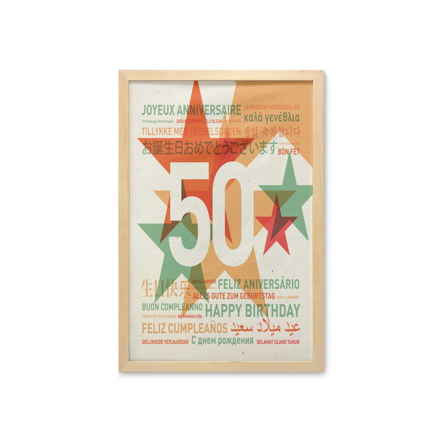 Ambesonne 50th Birthday Wall Decor with Frame - Multilingual 'Happy Birthday' Retro Star Print Fabric Poster - 23