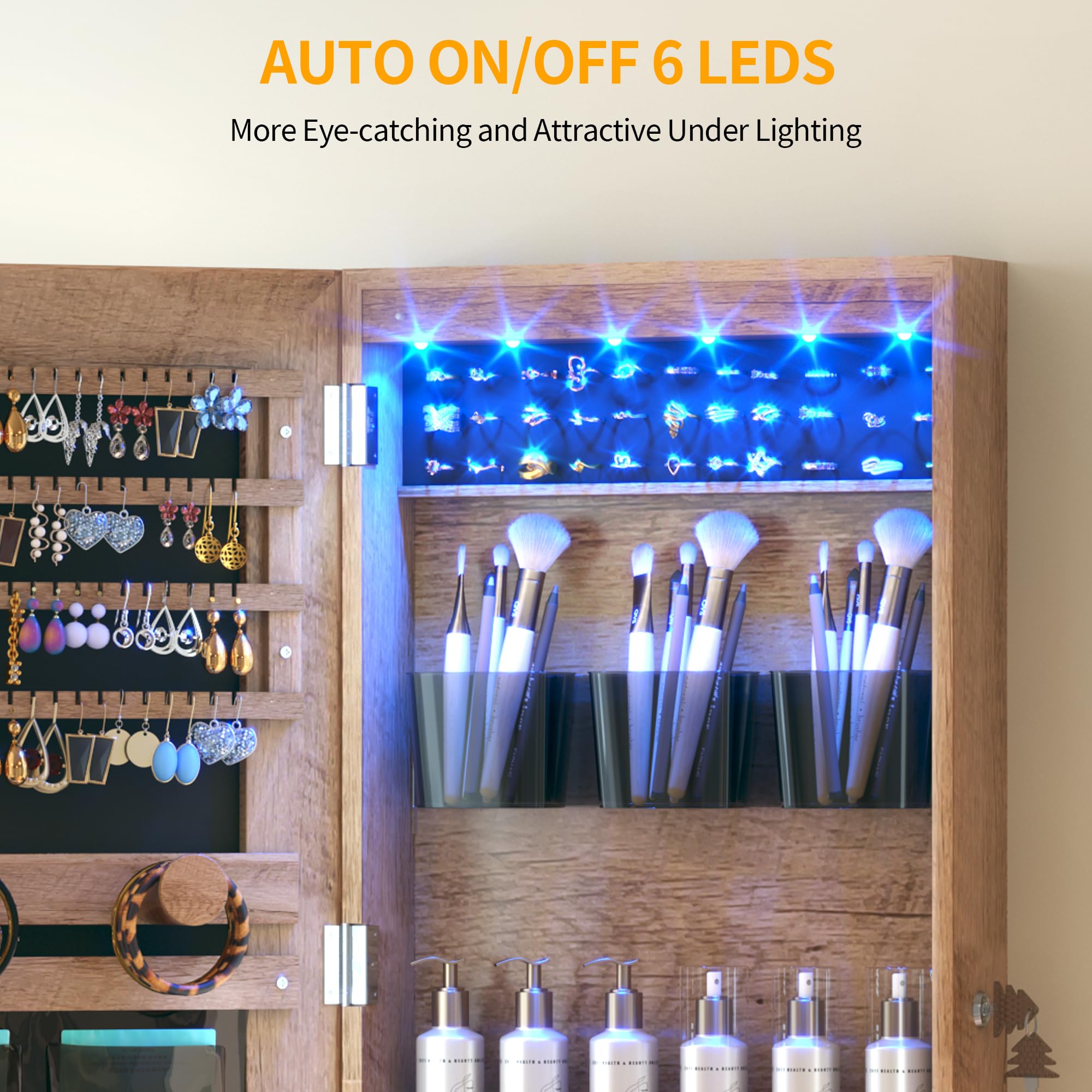 LVSOMT LED Jewelry Cabinet Armoire with Full Length Mirror - Wall/Door Mounted Lockable Storage Organizer with Lights, Over the Door Hanging Dressing Mirror (Wood) - Perfect for Bedroom, Closet & Vanity Organization