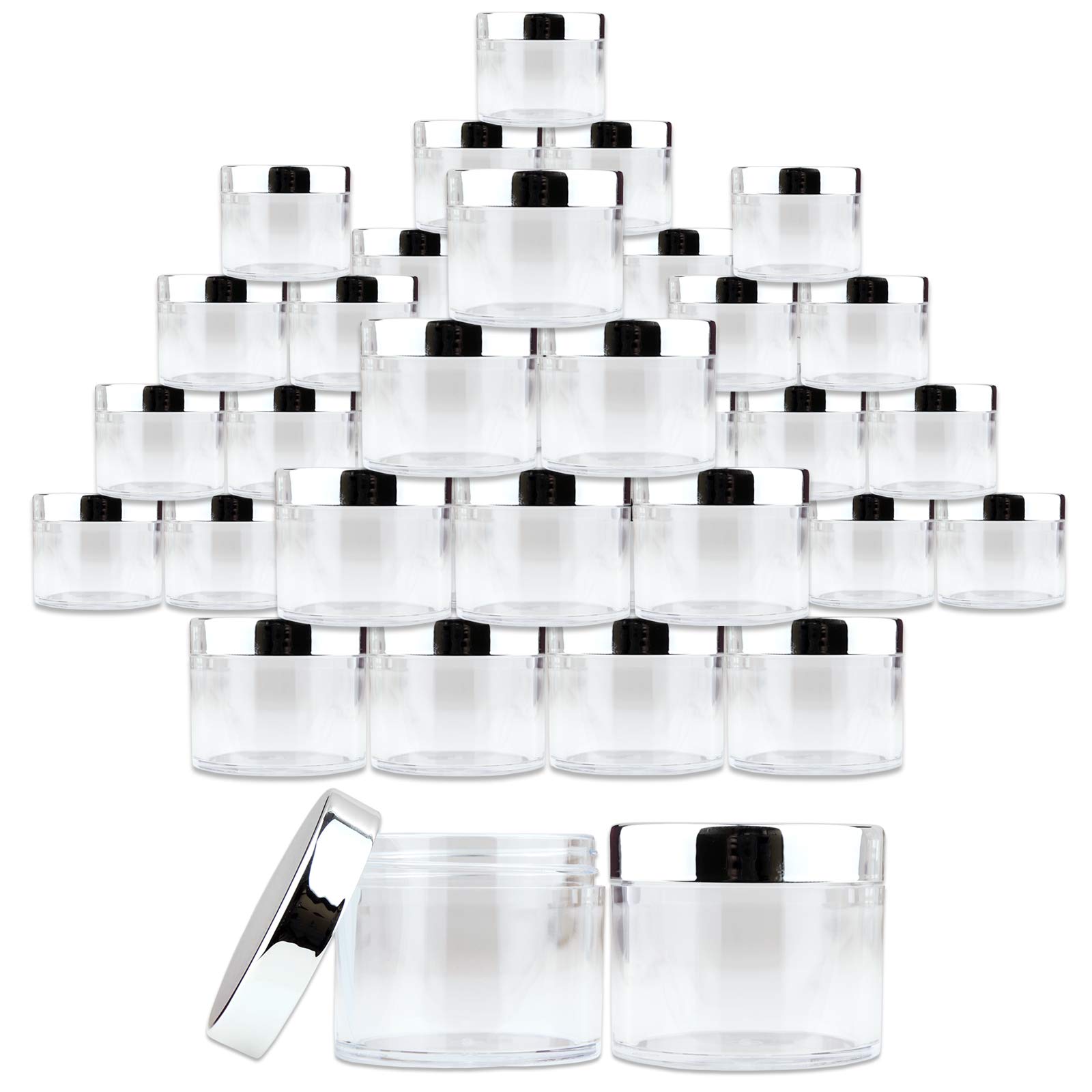 Beauticom 60 Grams (2 Oz) Clear Leak Proof Plastic Jars with Silver Lids - 96 Pack | Travel-Friendly Cosmetic Containers for Makeup, Lotion, Creams, Oils & Salves | Ideal for Home, Salon & DIY Skincare Storage