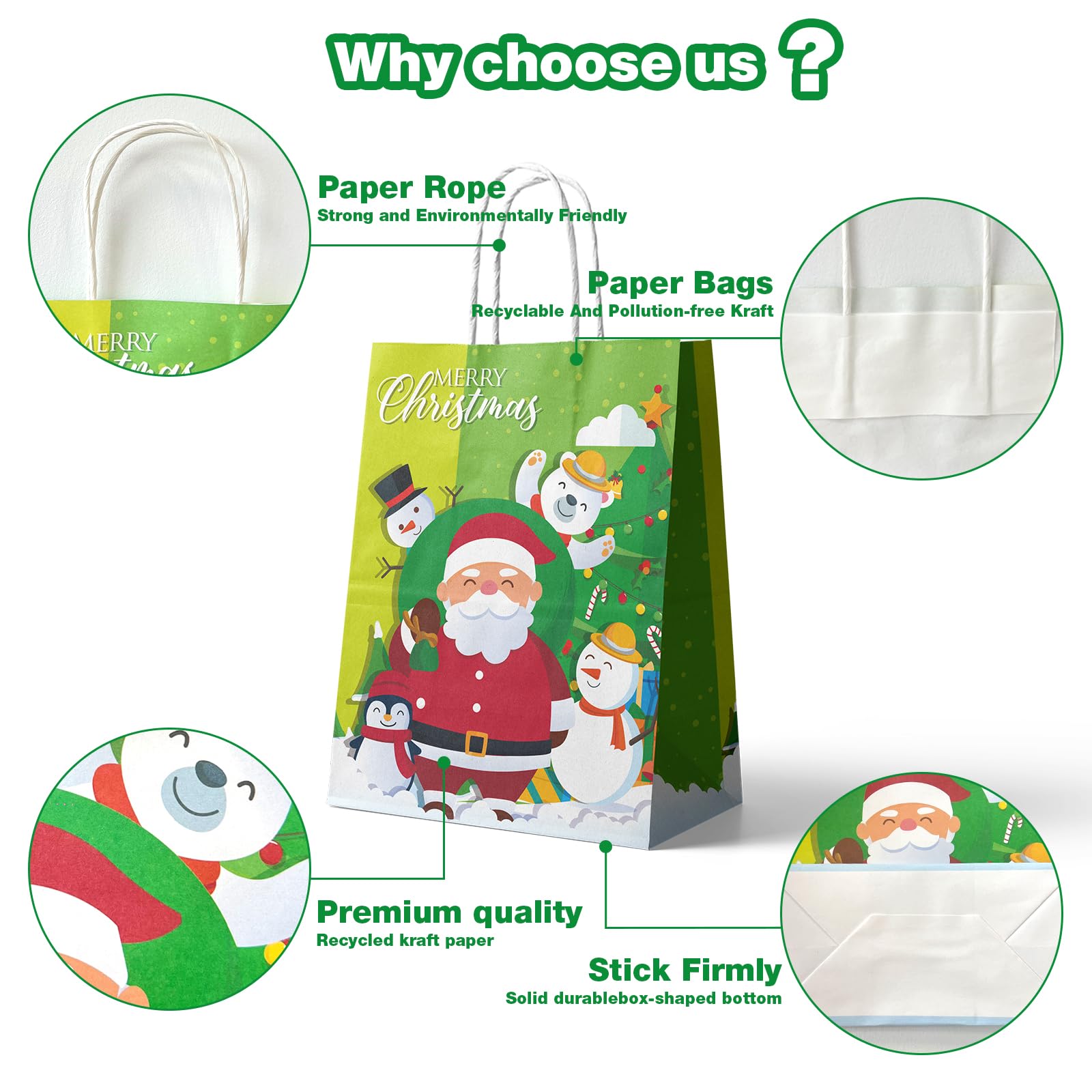 24Pcs Christmas Kraft Gift Bags with Handles - Bulk Holiday Paper Gift Bags for Party Favors, Presents & Gifts - 6 Festive Designs - Perfect for Christmas Parties, Office Exchanges & Holiday Gift Wrapping