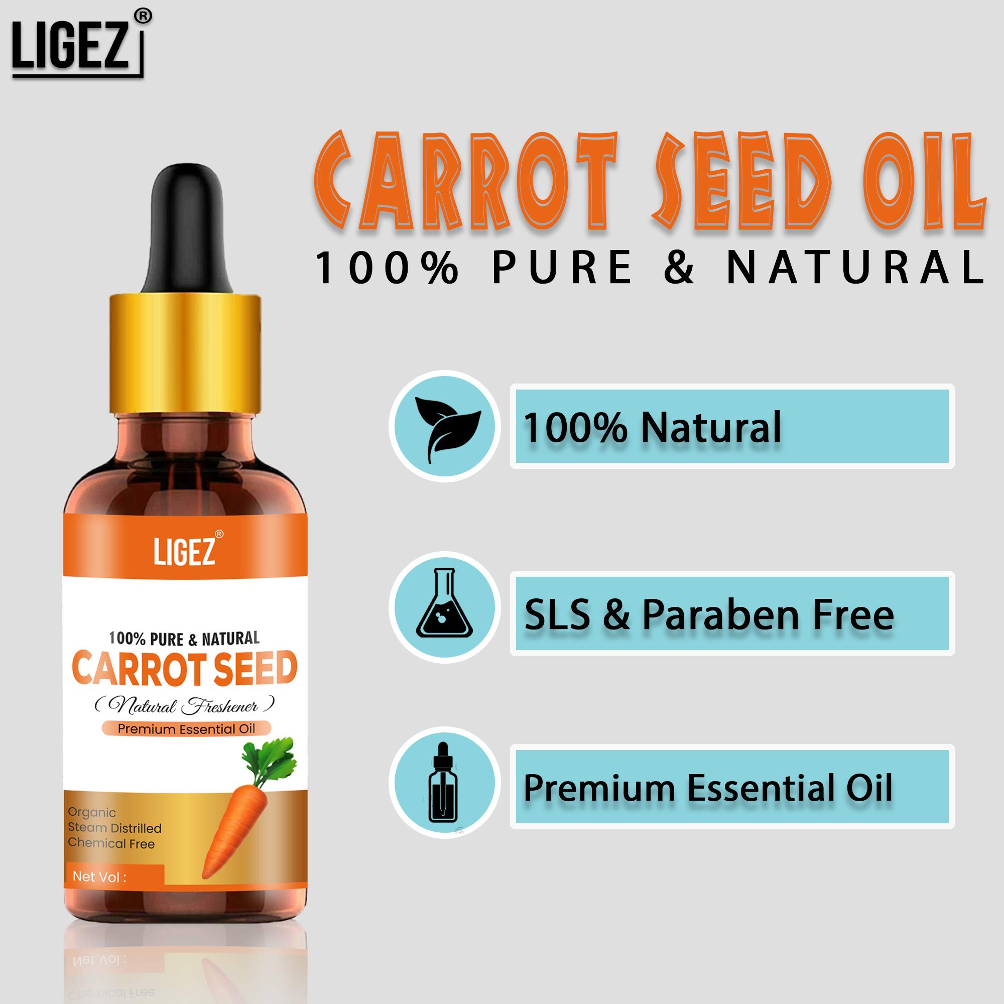 Ligez 100% Pure Natural Carrot Seed Essential Oil - Undiluted for Skin Care, Hair Growth & Aromatherapy (15ml) - Perfect for DIY Beauty, Massage & Relaxation