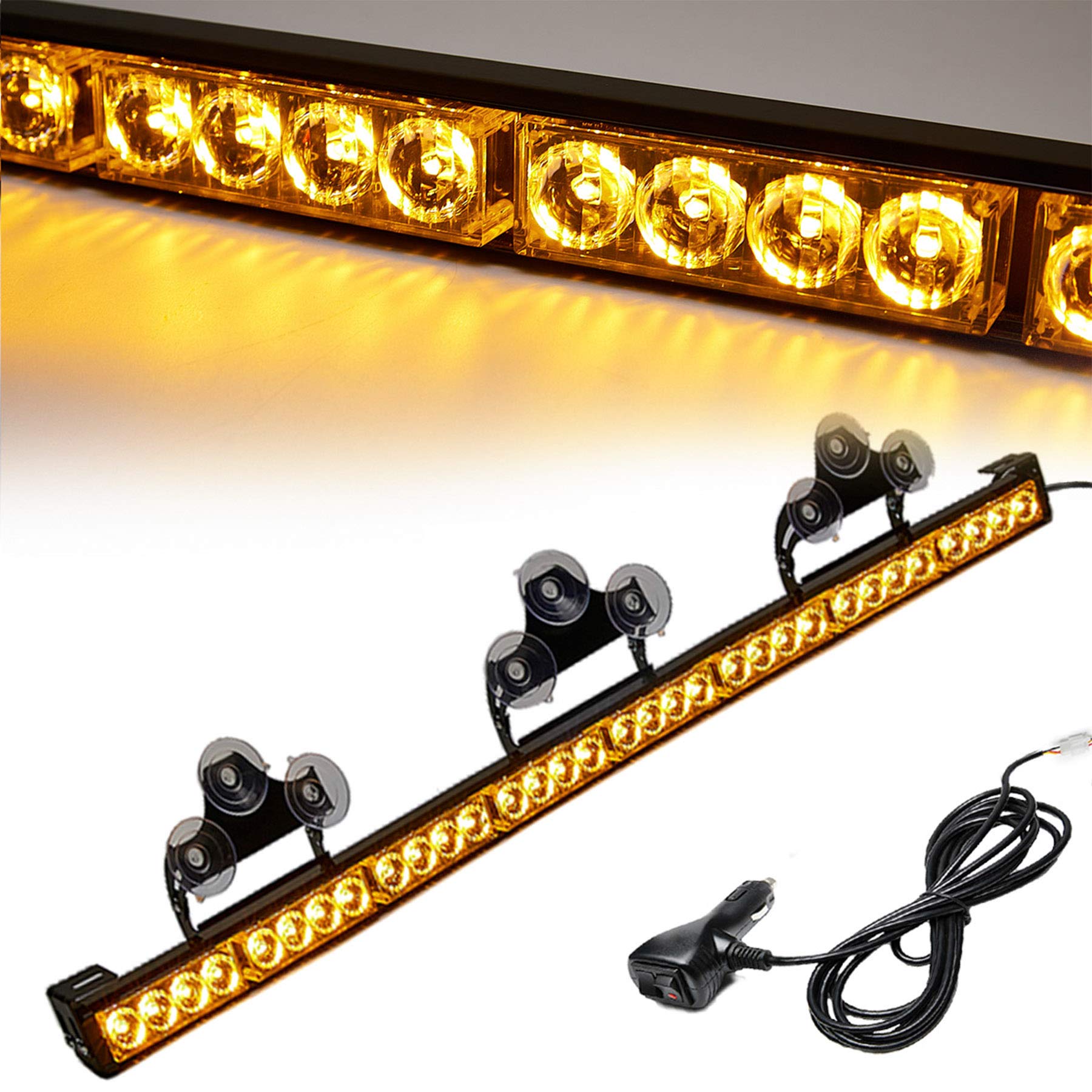 35.5 Inch Emergency Light Bar - 32 LED Amber Strobe Warning Lights with 13 Flash Patterns & Cigar Lighter Plug for Trucks, Vehicles, Roadside Safety (Traffic Advisor Bar, Hazard Lights) - Perfect for Emergency Vehicles, Construction Zones, Towing, and Roadside Assistance