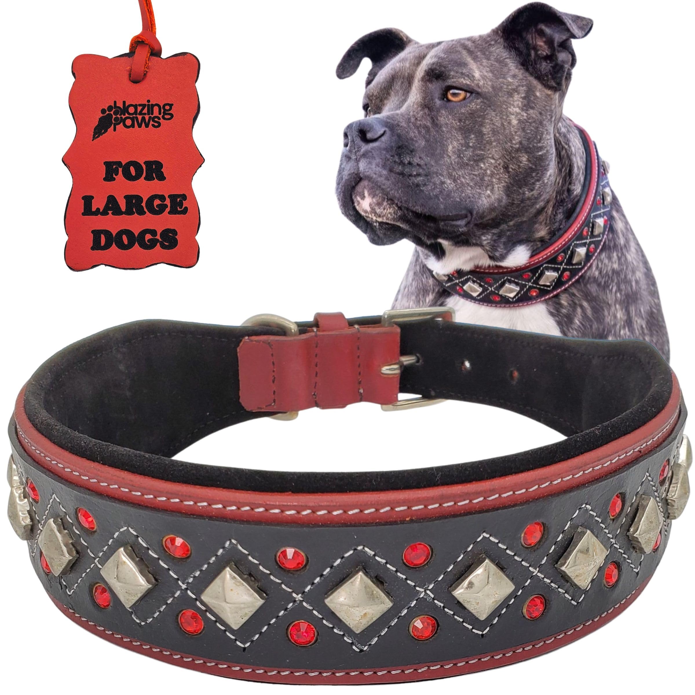 Blazing Paws Darlington 2 Inch Wide Genuine Leather Dog Collar for Large Breeds - Red & Black Handmade Soft Suede Padded with Crystal Studs, Western Style Design (15-19