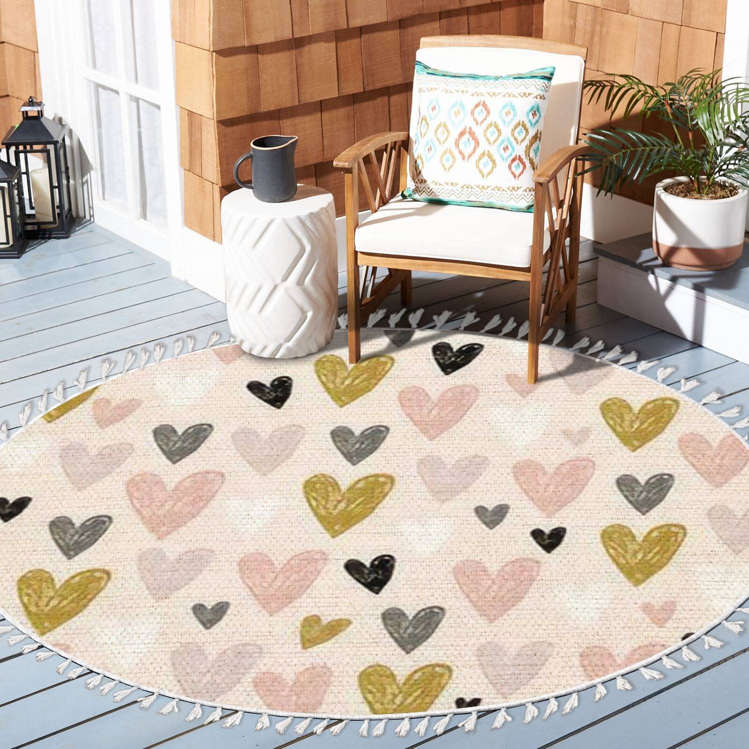 Boho Round Area Rug with Pink Hand-Drawn Hearts - Scandinavian Minimalist Linen Carpet for Living Room, Patio, Hallway (3ft) - Perfect for Nursery, Bedroom & Boho Home Decor