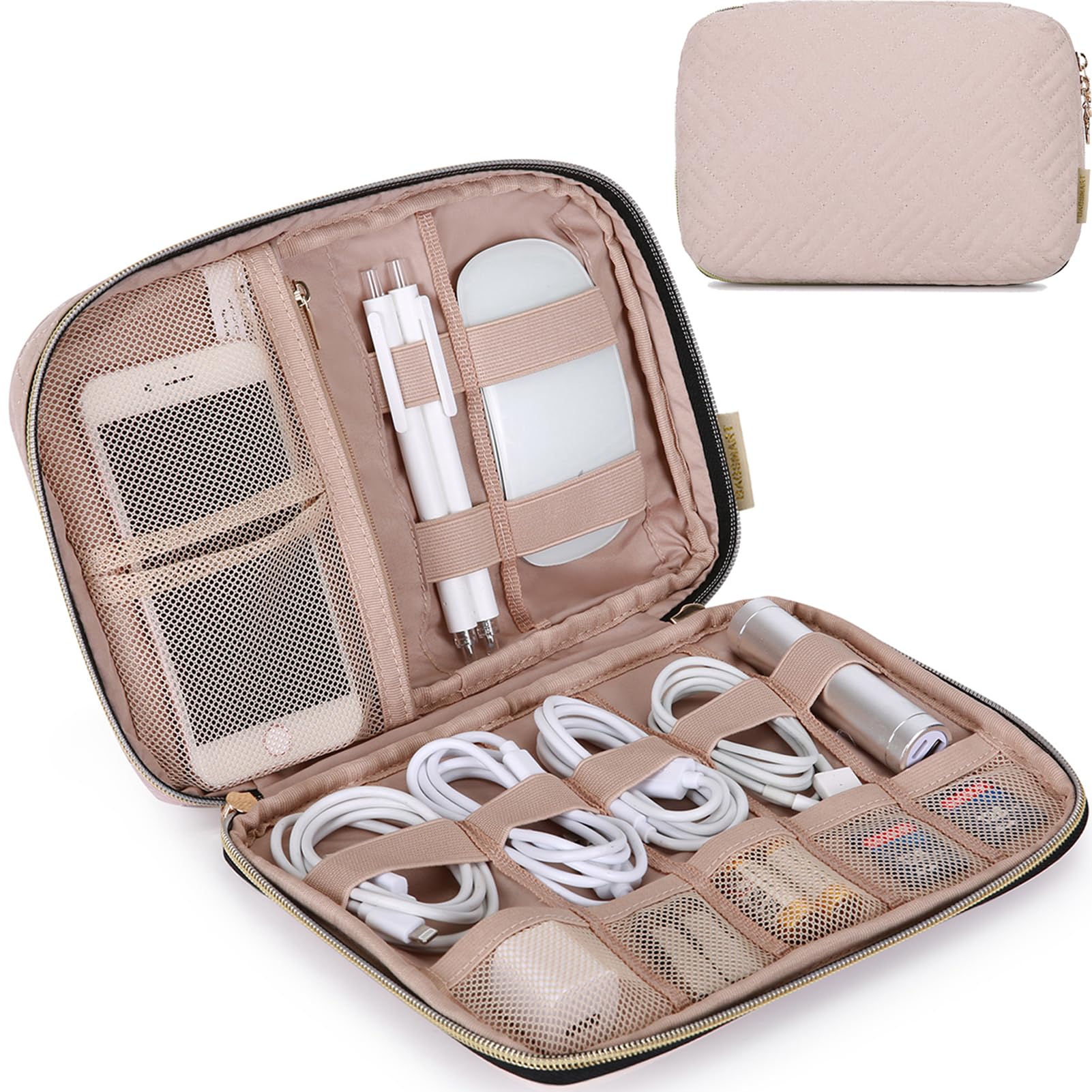 BAGSMART Large Electronics Organizer Travel Case - Waterproof Cable Organizer Bag with Multiple Pockets for Laptop, Tablet, Chargers & Accessories | Perfect for Business Trips, Vacation & Daily Commute (Pink)
