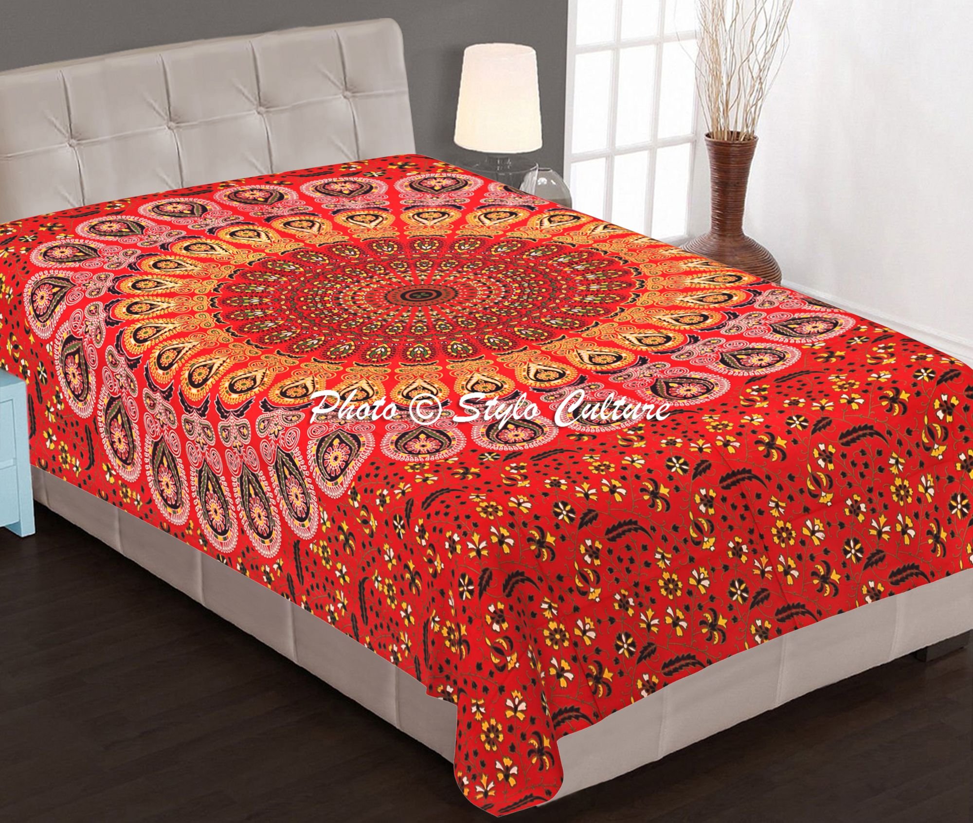 Bohemian Wall Tapestry with Mandala & Peacock Feather Design - Indian Style Fabric Wall Art for Bedroom, Living Room, Beach House Decor - Perfect for Meditation Spaces, Dorm Rooms & Boho Home Decor