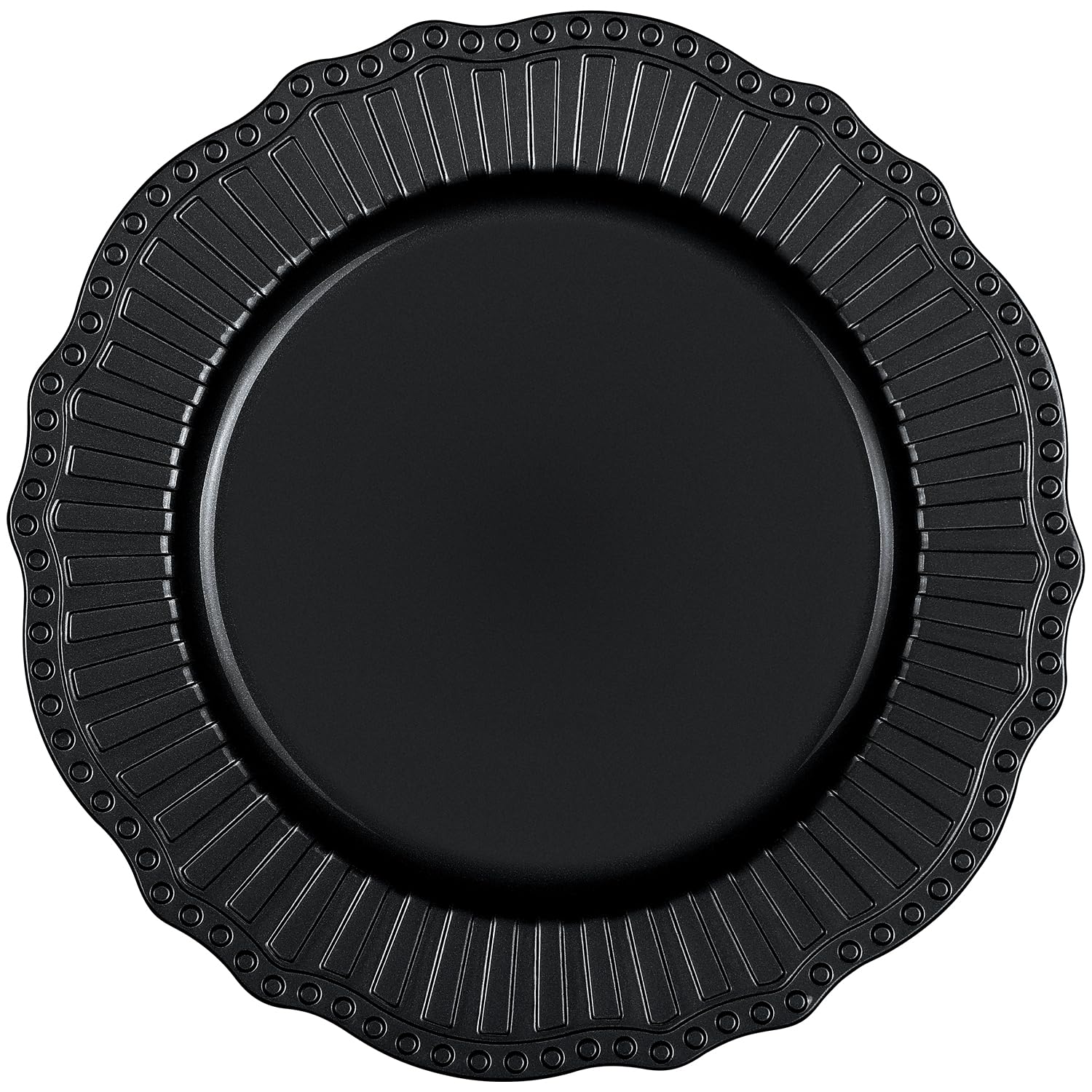 13” Black Vintage Plastic Charger Plates Set - Elegant Reusable Dinnerware for Parties, Weddings & Events (12-Piece Set) - Perfect for Formal Dining, Buffet Service & Holiday Entertaining