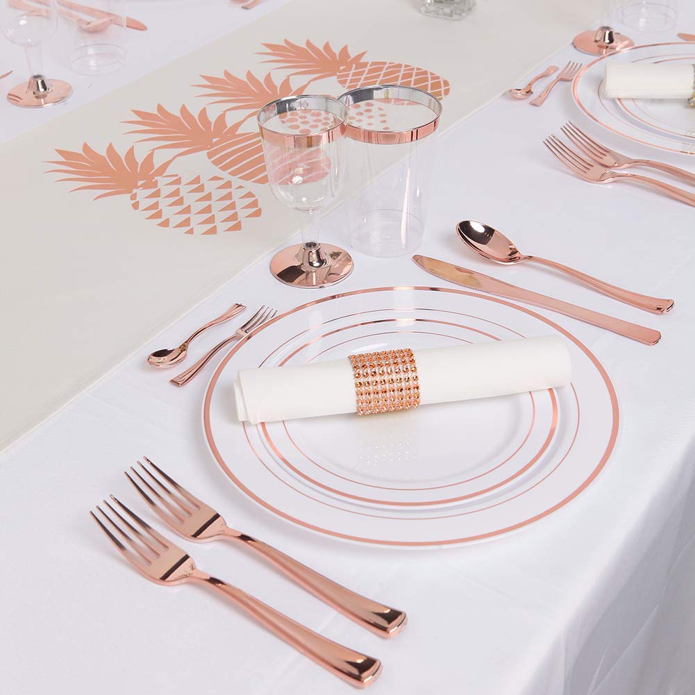 125-Piece Rose Gold Plastic Cutlery Set with Disposable Plates - 25 Dinner Plates, 25 Salad Plates, 25 Forks, 25 Knives & 25 Spoons for Wedding, Party, Picnic, BBQ & Outdoor Events
