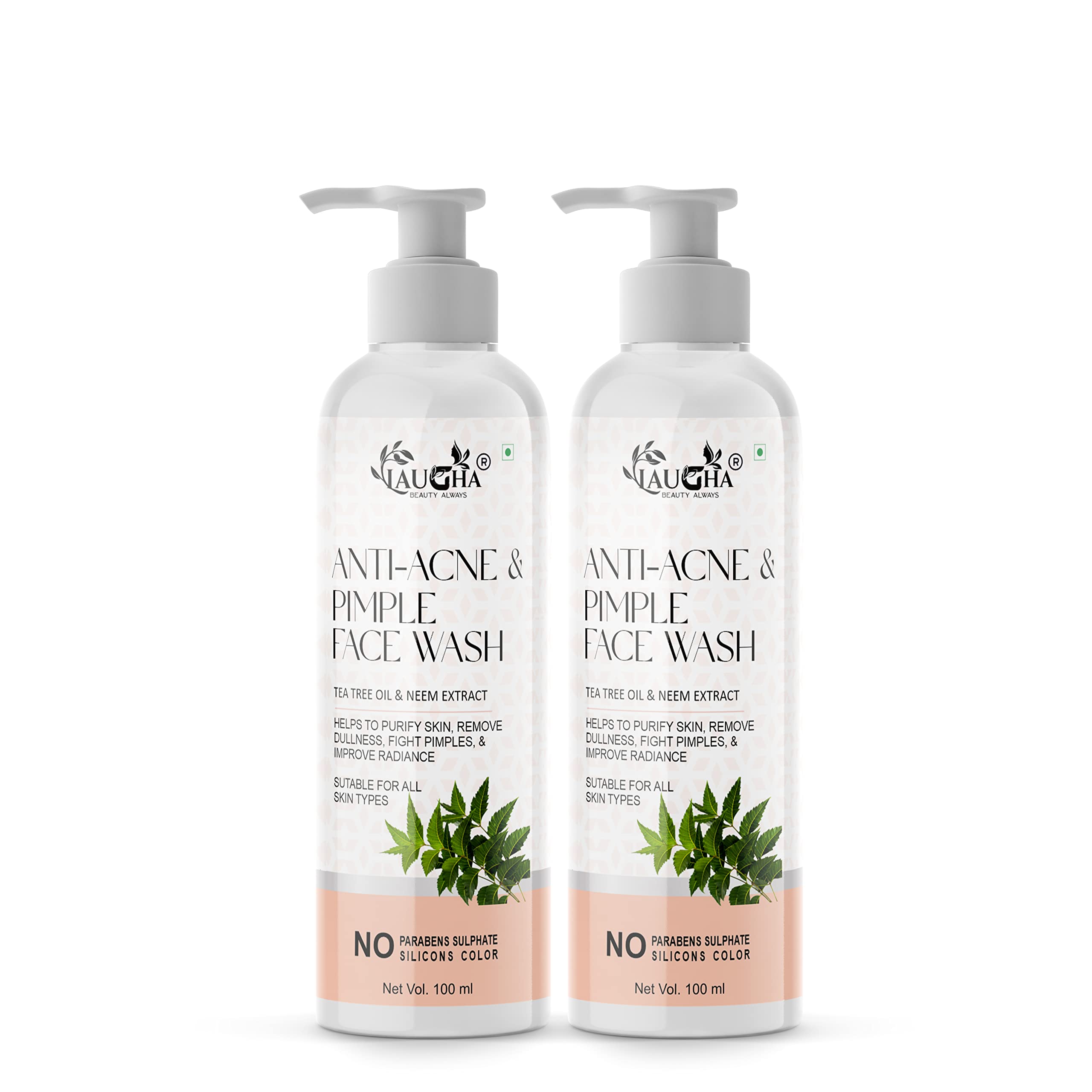 Laugha Anti Acne & Pimple Face Wash for Oily Skin - Tea Tree Oil, Neem & Aloe Vera Formula for Acne Marks Removal & Glowing Skin (Pack of 2, 200ml) | Daily Cleanser for Clear Complexion & Breakout Prevention