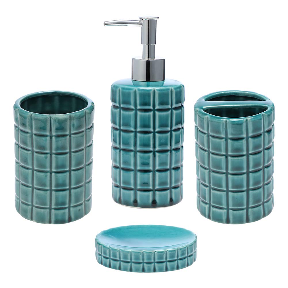 Premium JOTOM 4-Piece Ceramic Bathroom Accessories Set - Elegant Dark Green Square Lattice Hand Sanitizer Bottle, Toothbrush Cup, Holder & Soap Dish | Luxury Bath Decor for Modern Homes & Spa-Like Bathrooms