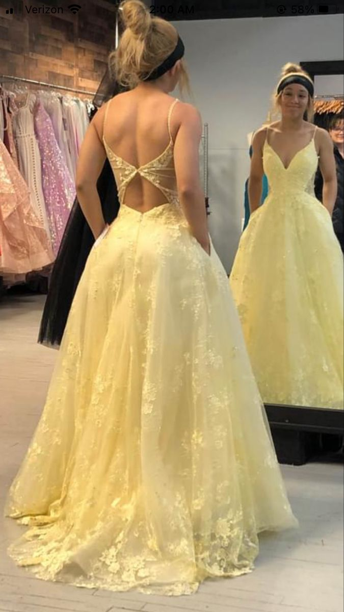 Elegant Yellow Lace Ball Gown with Spaghetti Straps & Backless Design - Long Prom Dress J6745 for Homecoming, Wedding, and Formal Events