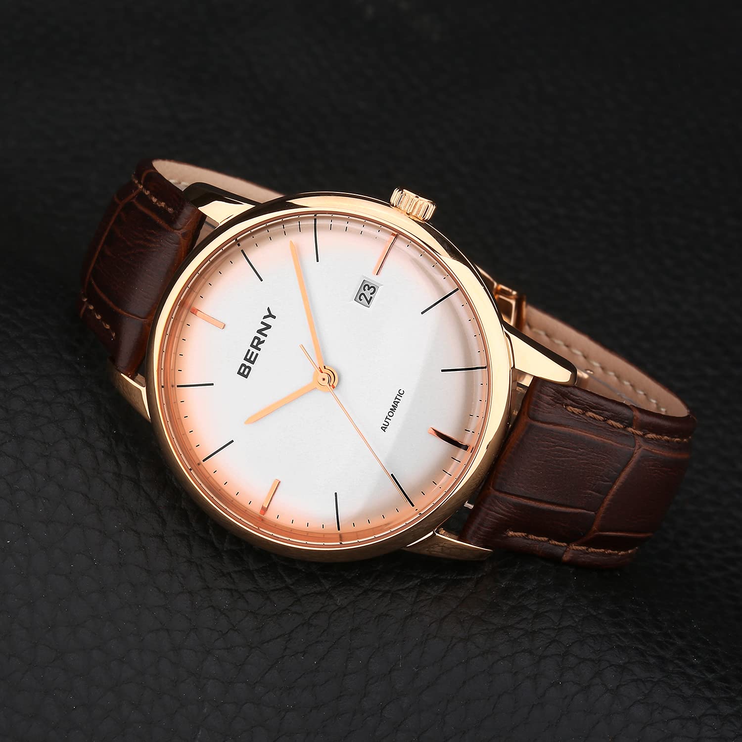 BERNY Ultra Thin Automatic Watch for Men - Minimalist Design with Genuine Leather Strap - Perfect for Business, Casual & Formal Occasions