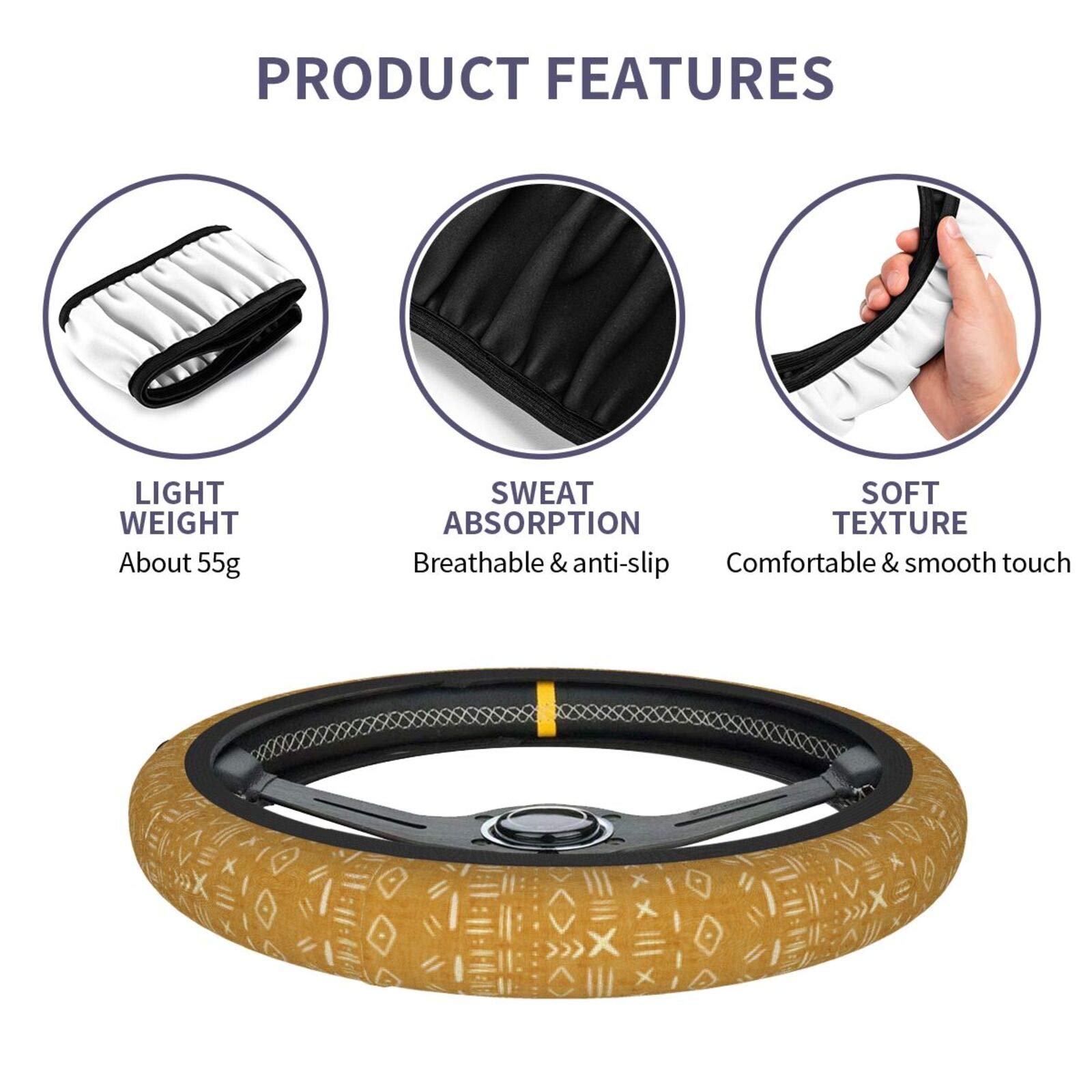 Universal 15 Inch Bohemian Tribal Car Steering Wheel Cover - Mustard Color for Women, Men & Girls | Non-Slip Grip & Stylish Protection for Daily Commute & Road Trips
