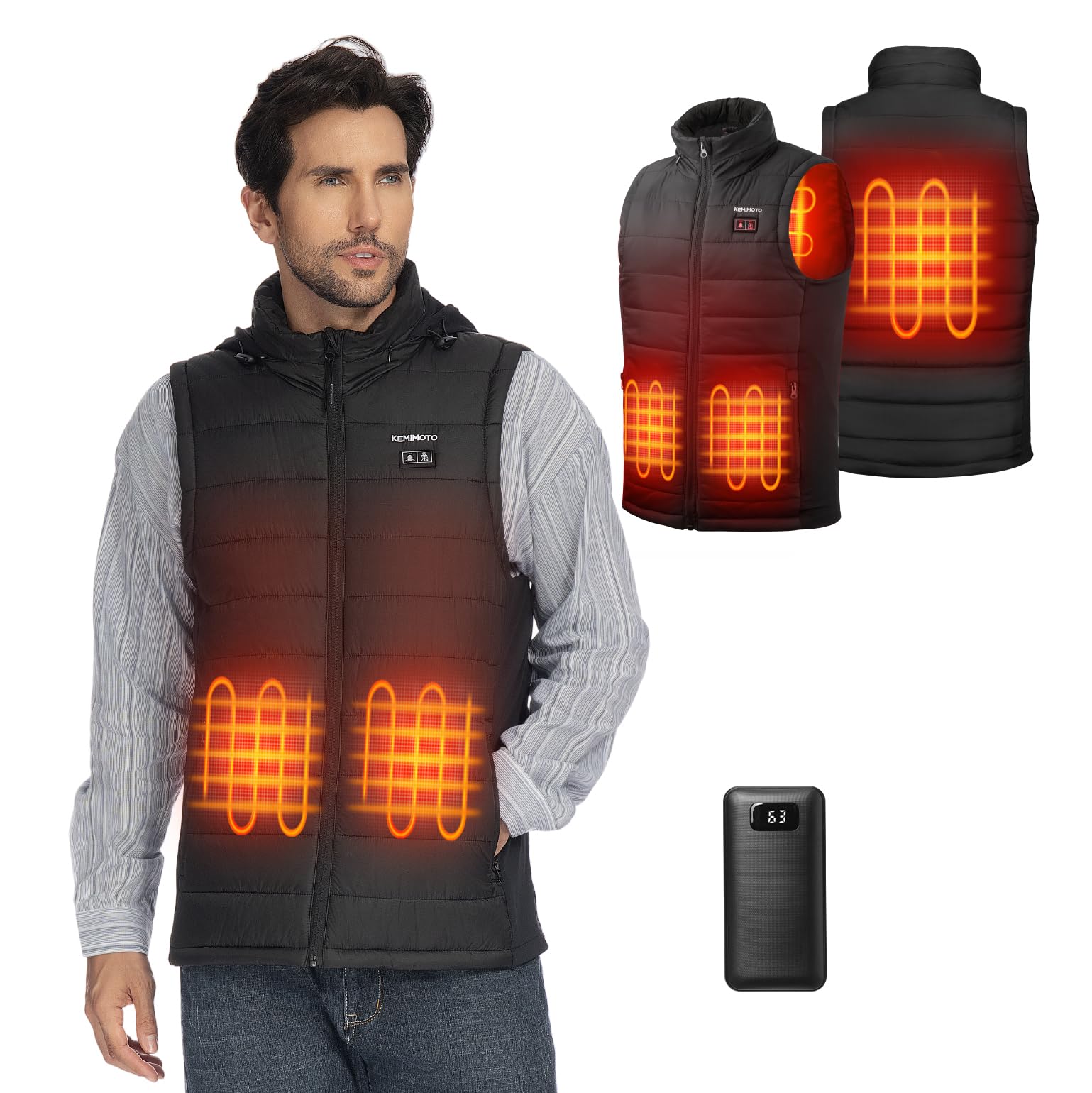 KEMIMOTO Lightweight Heated Vest for Men - Rechargeable Battery-Powered Hunting Jacket with Heating Pads | Electric Warming Vest for Winter Outdoor Activities, Camping & Hiking | Perfect Gift for Men